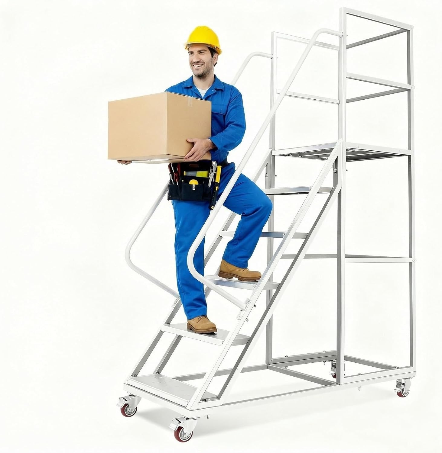 6-Step Rolling Ladder w/ Handrail & Lockable Wheels 1213LBS Mobile Rolling Stair