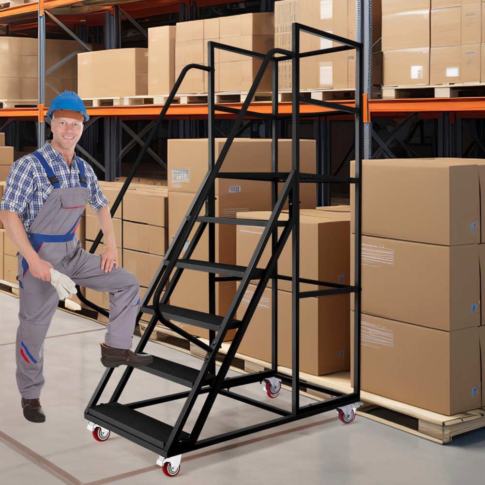 6 Step 1213lbs Carbon Steel Rolling Platform Step Ladder Safety Non-Slip Stairs