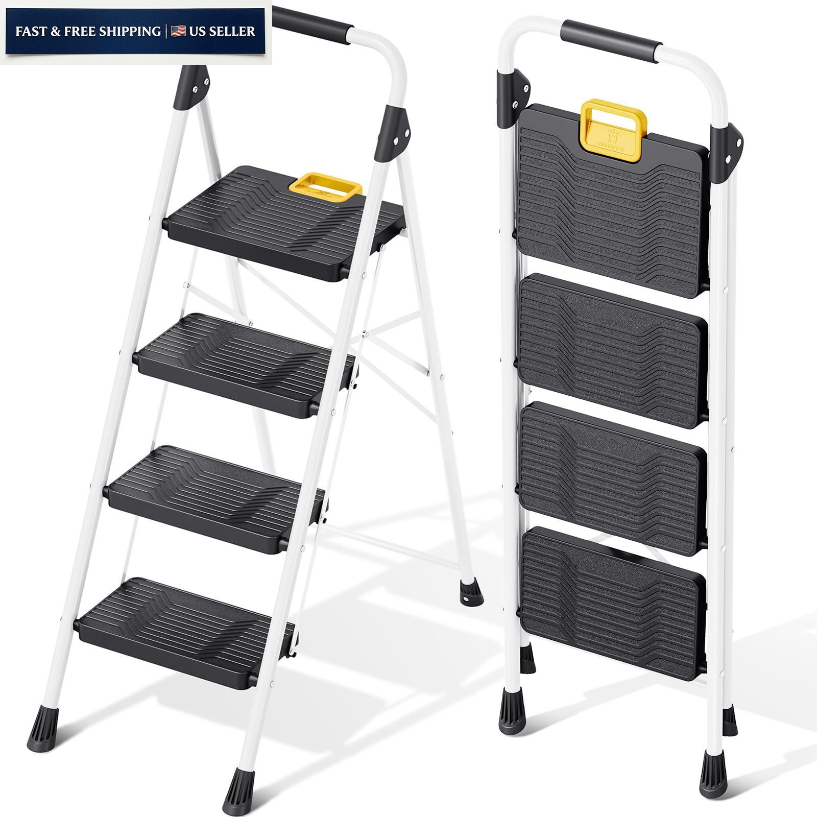 KINGRACK 4 Step Folding Ladder, 800lbs Capacity Stool with 4-STEP, White