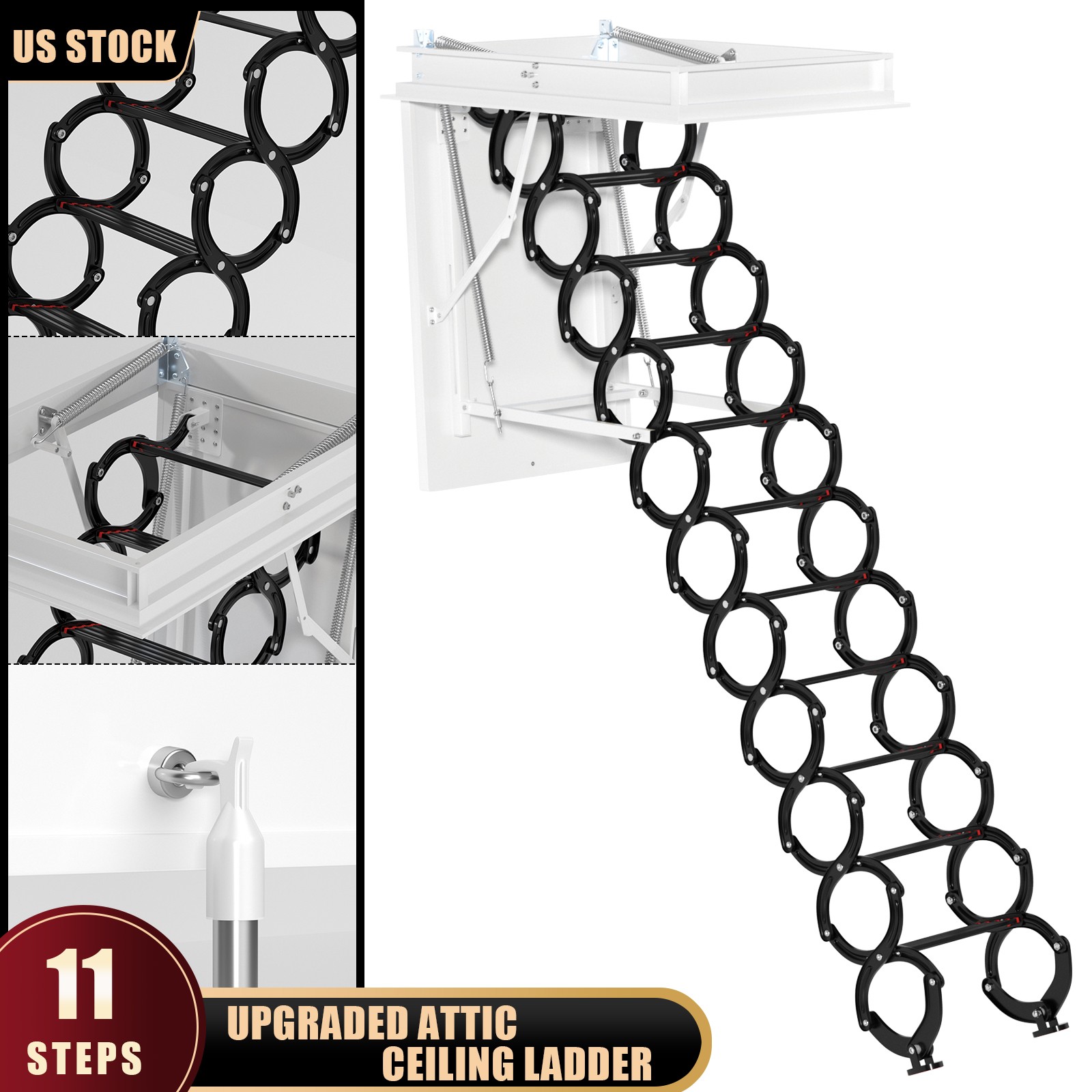 Upgraded 11 Steps 3m Loft Wall Folding Pulldown Attic Ceiling Ladder_39.4*27.6″