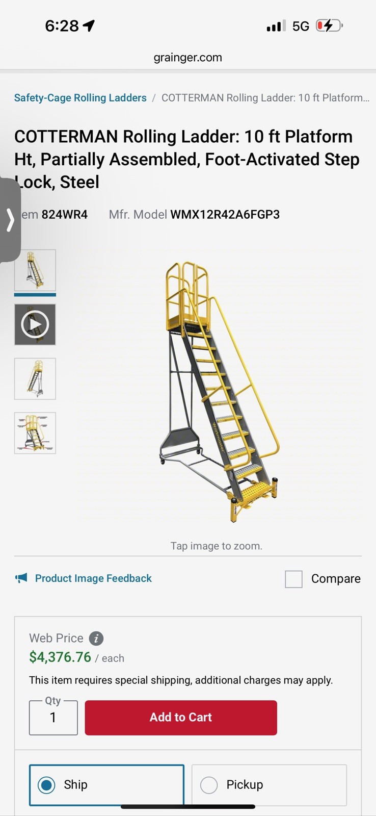 COTTERMAN Rolling Ladder: 10 ft Platform Ht, Foot-Activated Step Lock, Steel