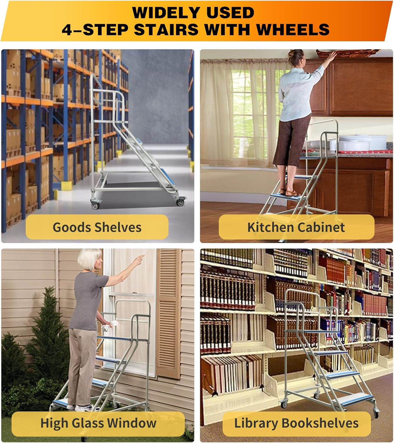 Portable 4-Step Rolling Stairs with Wheels, 445Lbs Capacity, Non-Slip Design