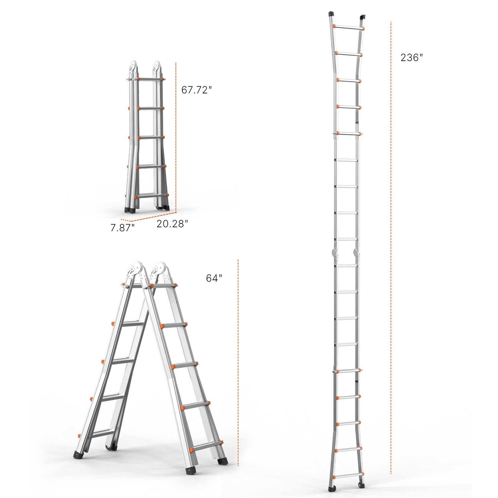 Telescoping Ladder A Frame, 20 FT Compact Aluminum Extension Ladder, Multi