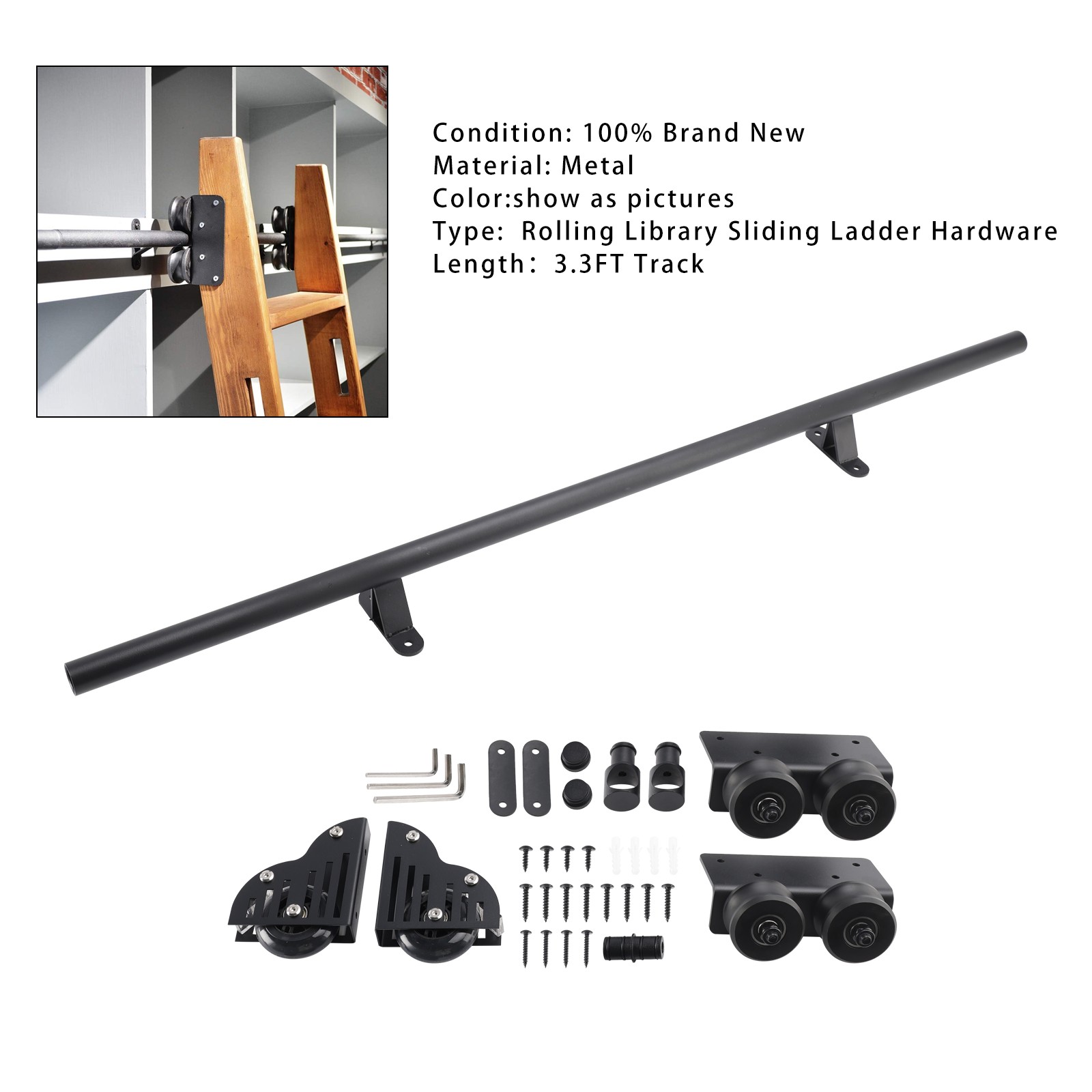 Rolling Library Sliding Ladder Hardware Kit with Brake 3.3FT Round Tube R10