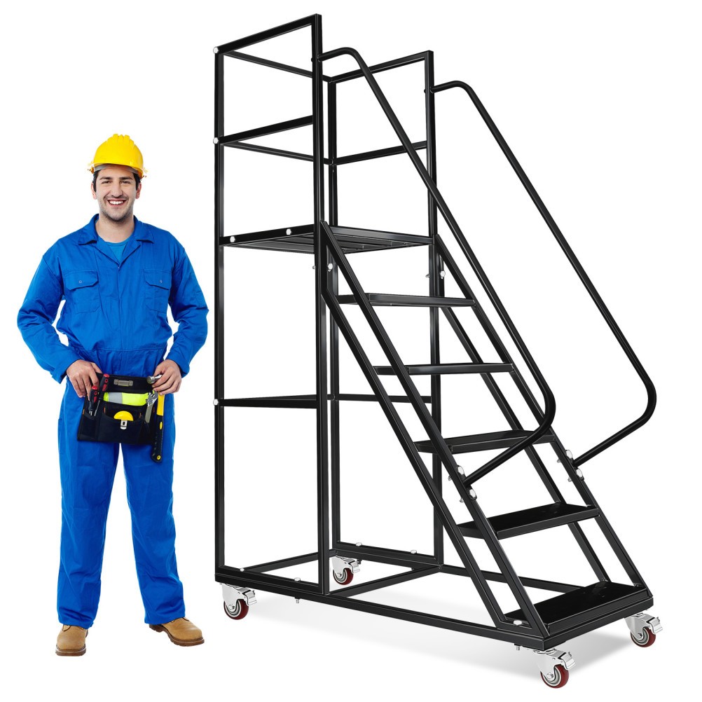 6 Step 1213lbs Steel Rolling Platform Step Ladder Safety Non-Slip Stair & Wheels