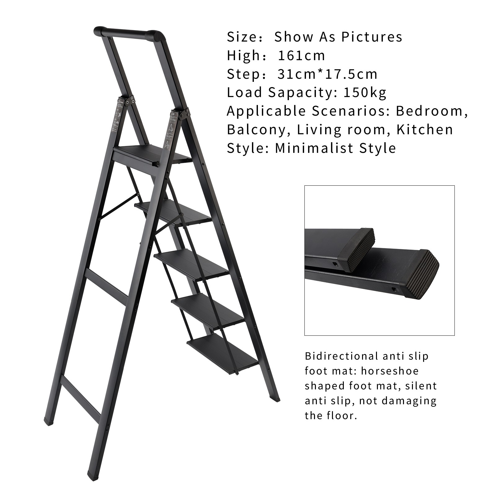 5Step Ladder, Foldable Step Stool, Aluminum Step Ladder with Anti-Slip Pedal