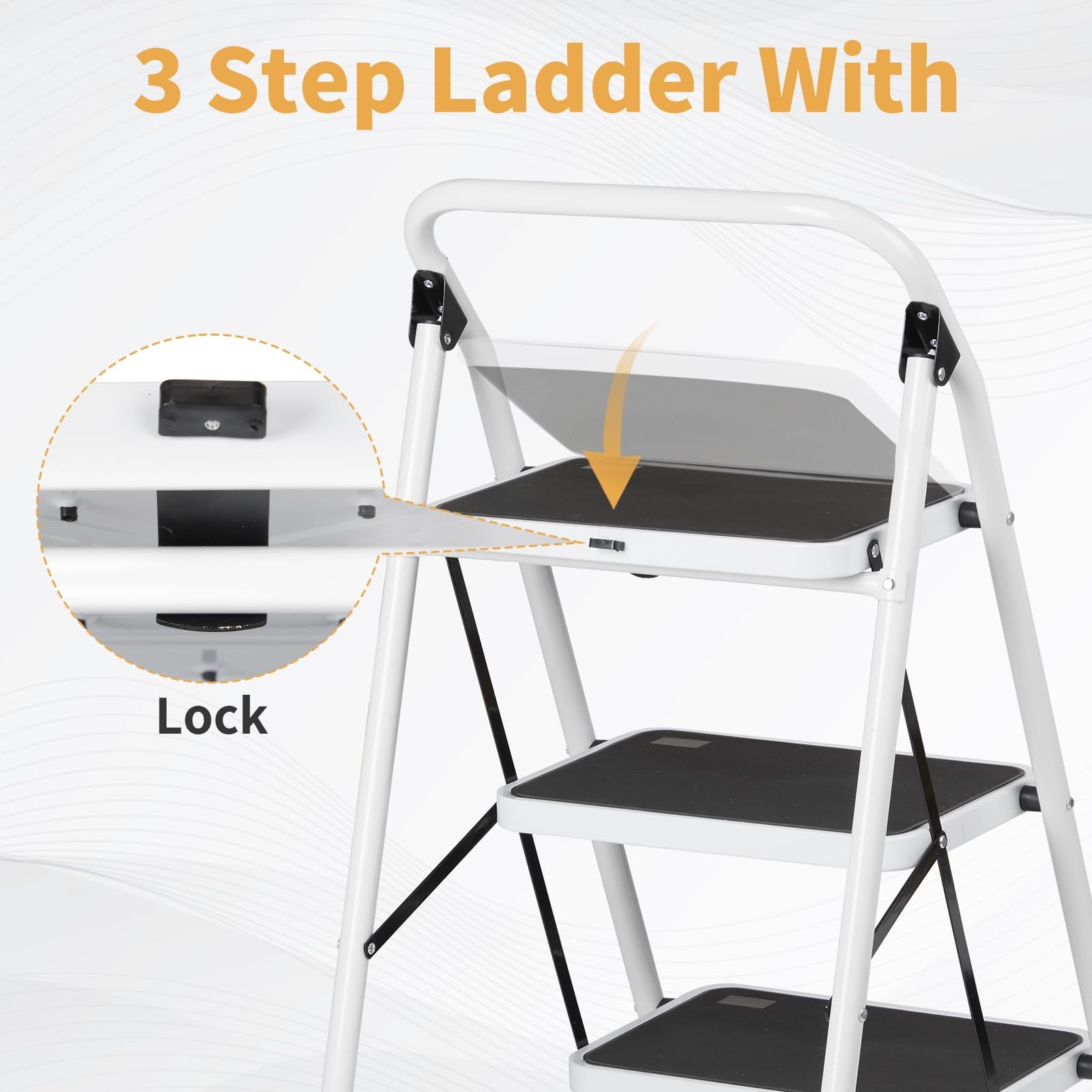 Winado 3 Step Ladder, Folding Stool with Wide Anti-Slip Black & White