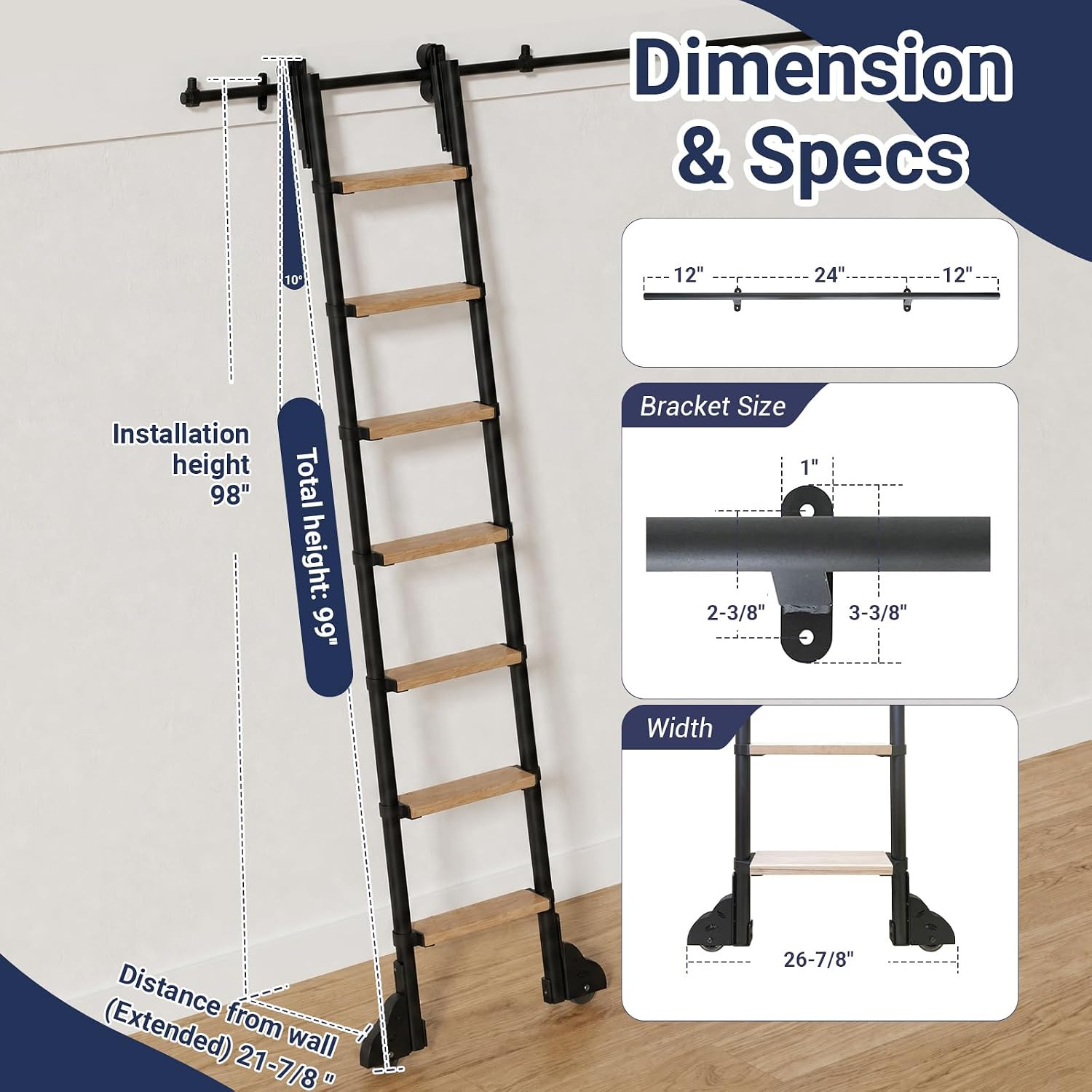 100″ Sliding Library Ladder with 8FT Track – Solid Oak & Aluminum Frame