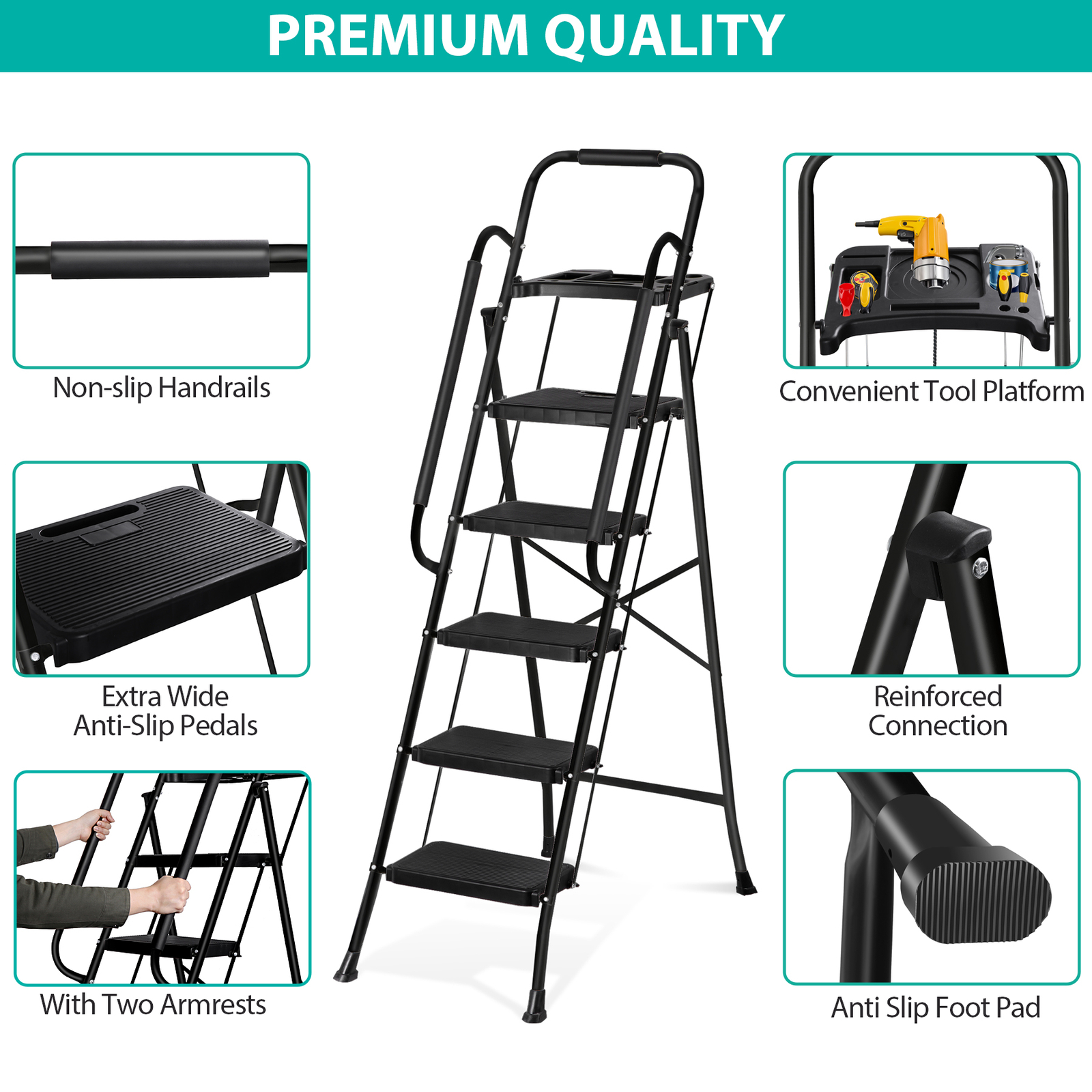 5-Step Ladder Portable Folding Anti-Slip Steel Ladder w/Handrail Tool Tray Black