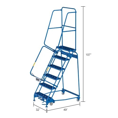 NEW 6 Step Steel Rolling Ladder, 24″W Perforated Step, Cal/OSHA Handrail!!