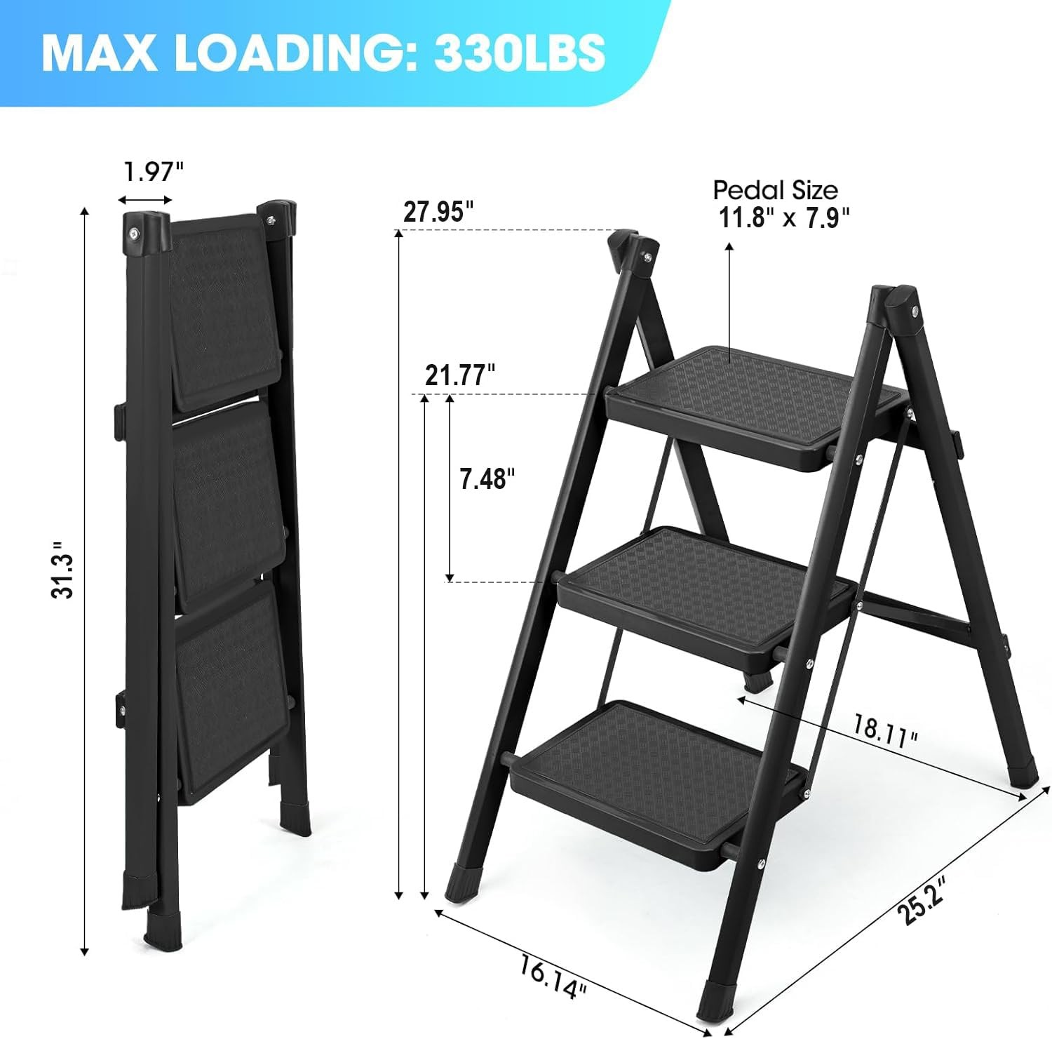3 Step Ladder, Folding Stool for Adults, 3 – Black – Standard