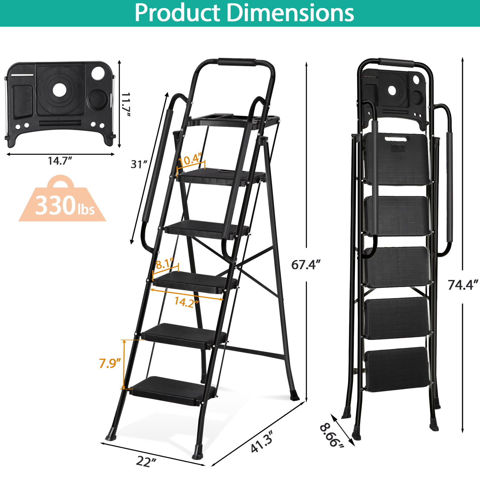 5-Step Ladder Portable Folding Anti-Slip Steel Ladder w/Handrail Tool Tray Black