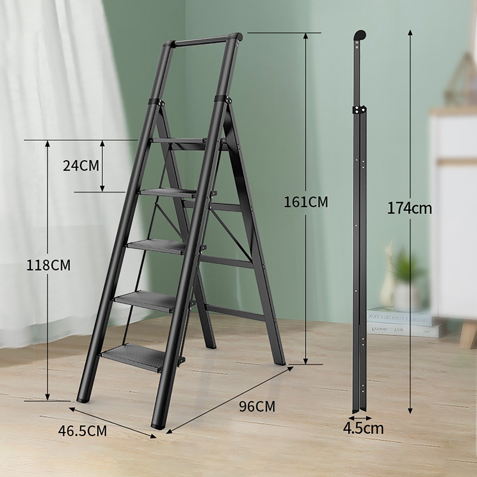 5Step Ladder, Foldable Step Stool, Aluminum Step Ladder with Anti-Slip Pedal
