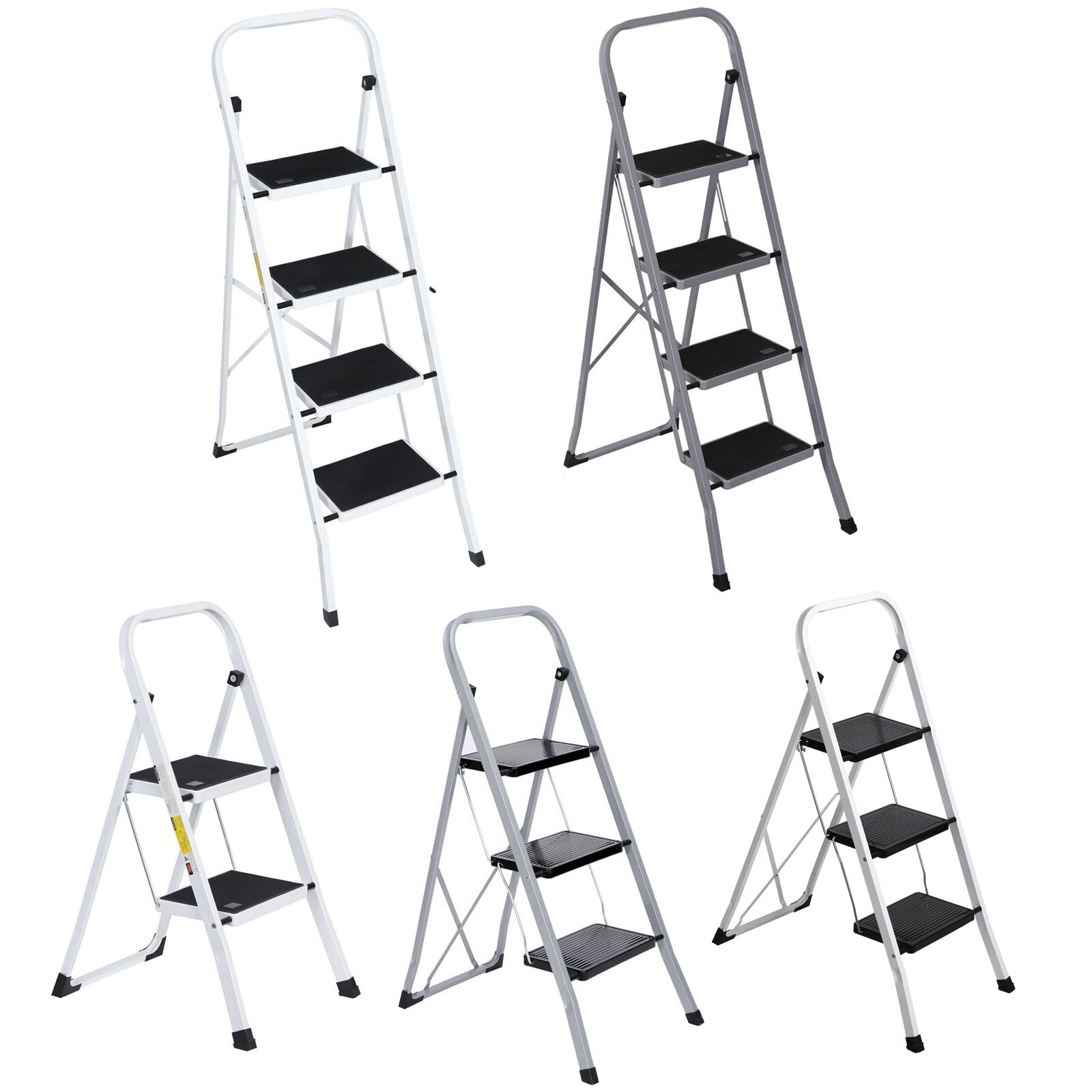 2/3/4 Step Ladder White/Grey Steel Folding Step Stool Wide Anti-Slip Pad Ladder