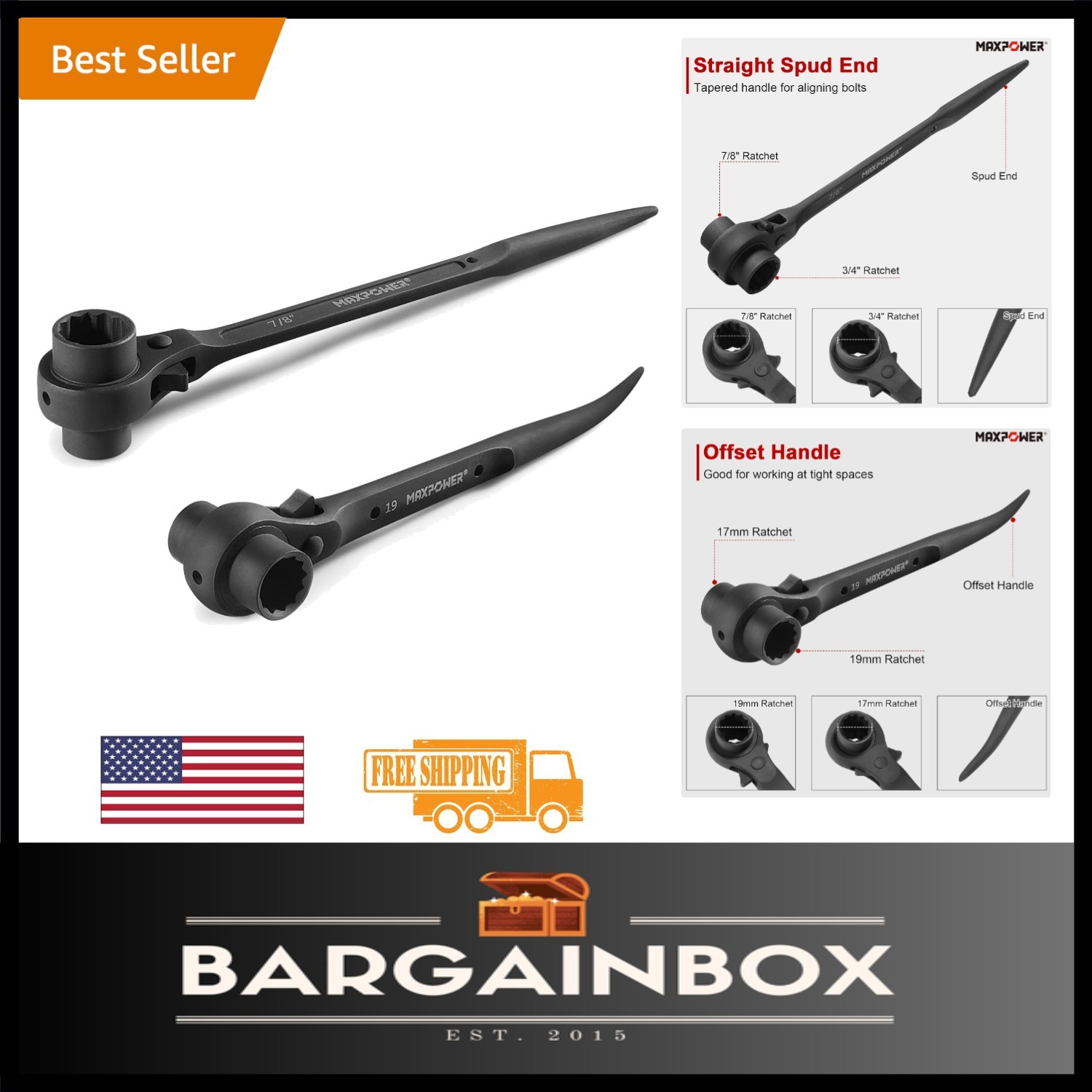 Alloy Steel Scaffold Wrench Set – 2 Piece: 7/8/3/4 Inch & 17/19 mm Ratchet