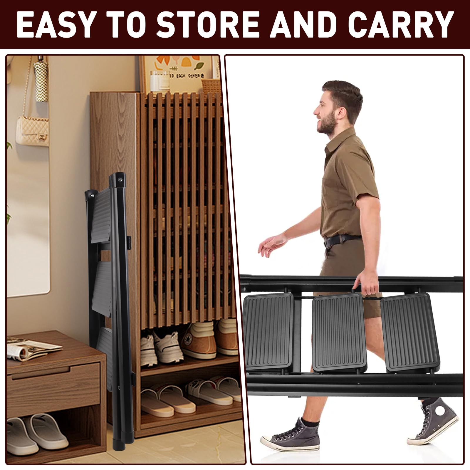 3-Step Ladder, Folding Step Stool for Kitchen/Closet/Garage, 3-Step, Black