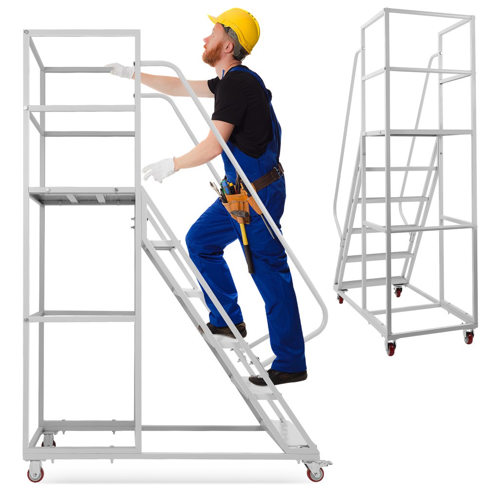 6-Step Rolling Ladder 1213LBS, Heavy Duty w/ Platform & Guardrails for Warehouse
