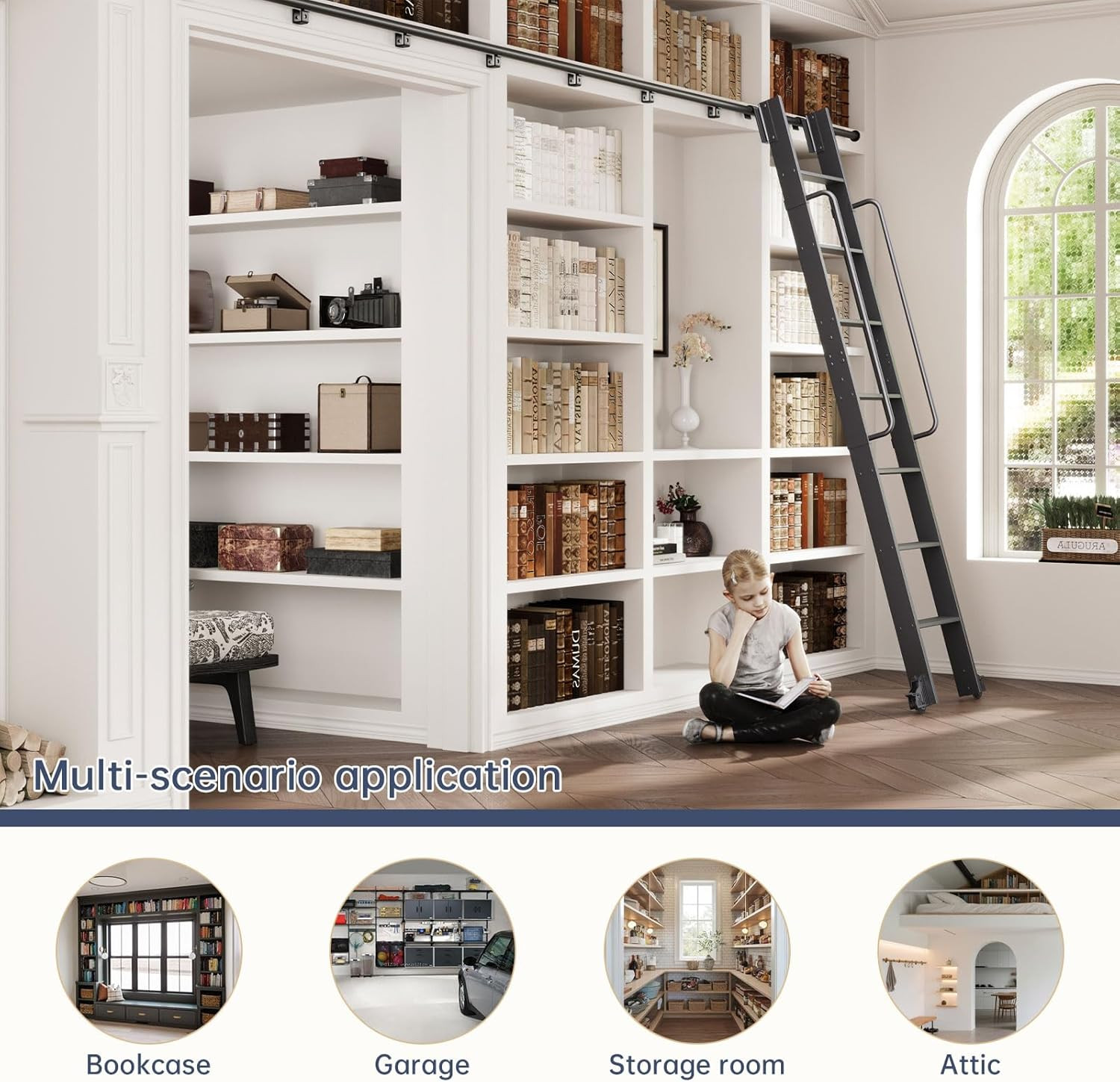 8FT Aluminum Library Ladder with Sliding Hardware Kit & Handrail, 450Lbs Capacit