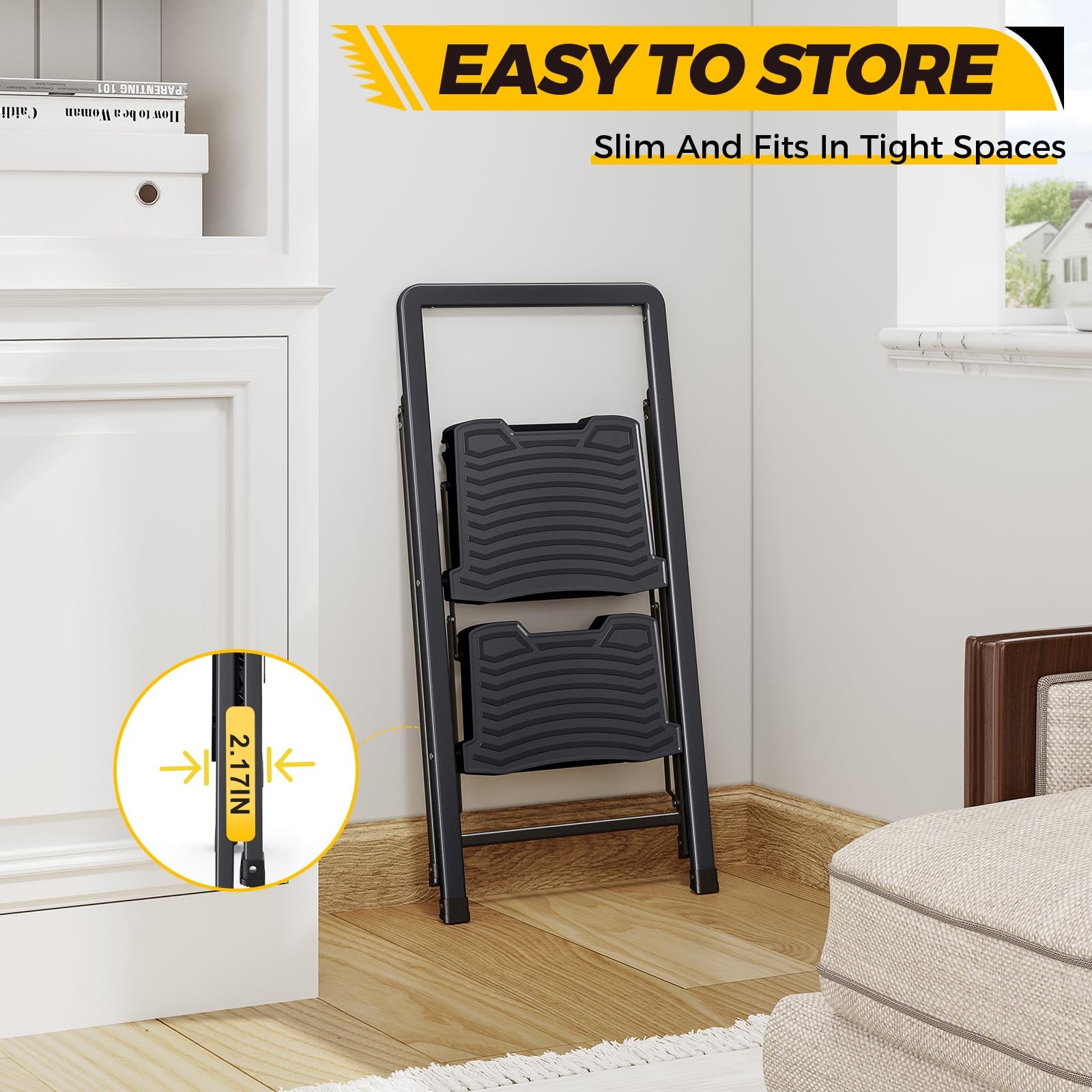 KINGRACK 2 Step Ladder 800lb Capacity, Folding 2 Ladder, Black