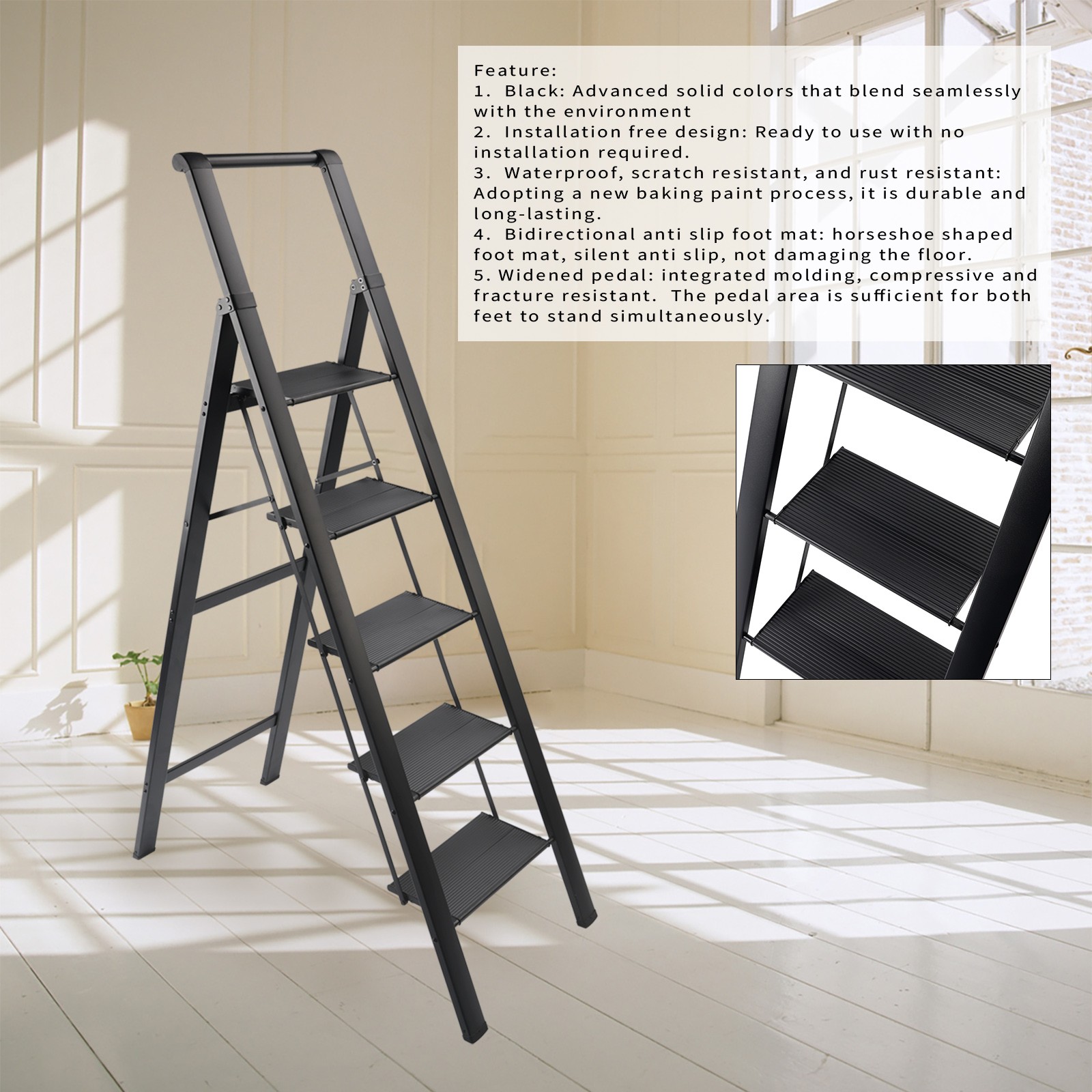 5Step Ladder, Foldable Step Stool, Aluminum Step Ladder with Anti-Slip Pedal