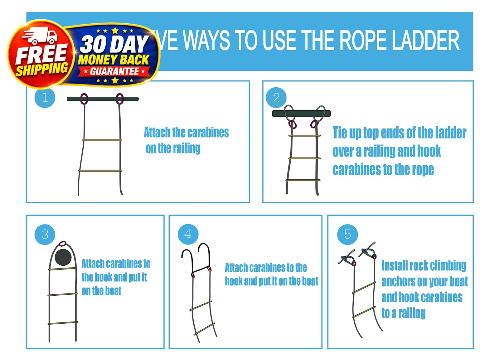 Boat Rope Ladder, Heavy Duty Climbing 4 STEP, Black, Yellow