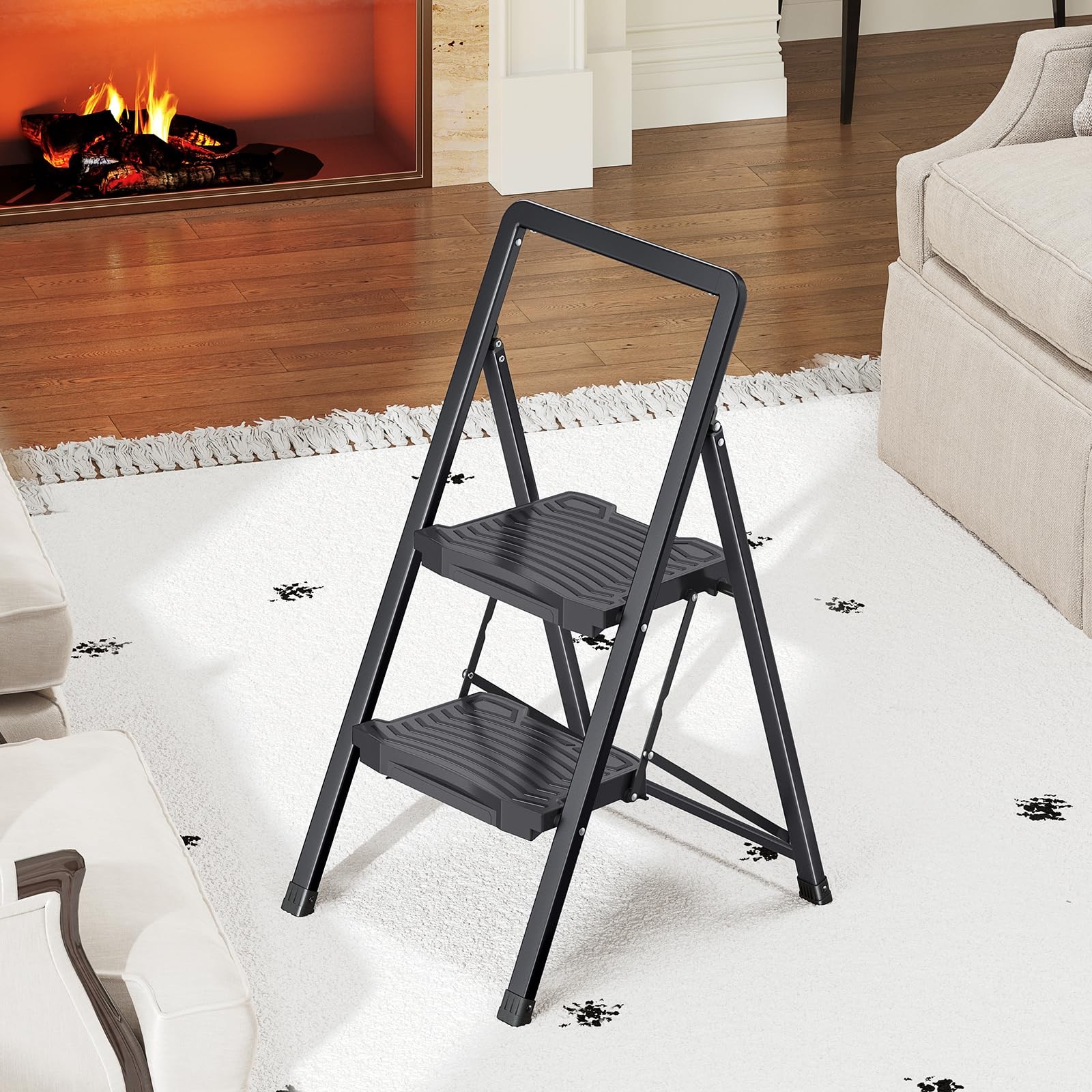 KINGRACK 2 Step Ladder 800lb Capacity, Folding 2 Ladder, Black