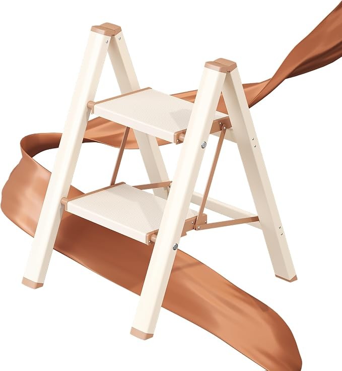 2 Step Ladder Folding Stool Aluminum 300 lb Cream Chocolate