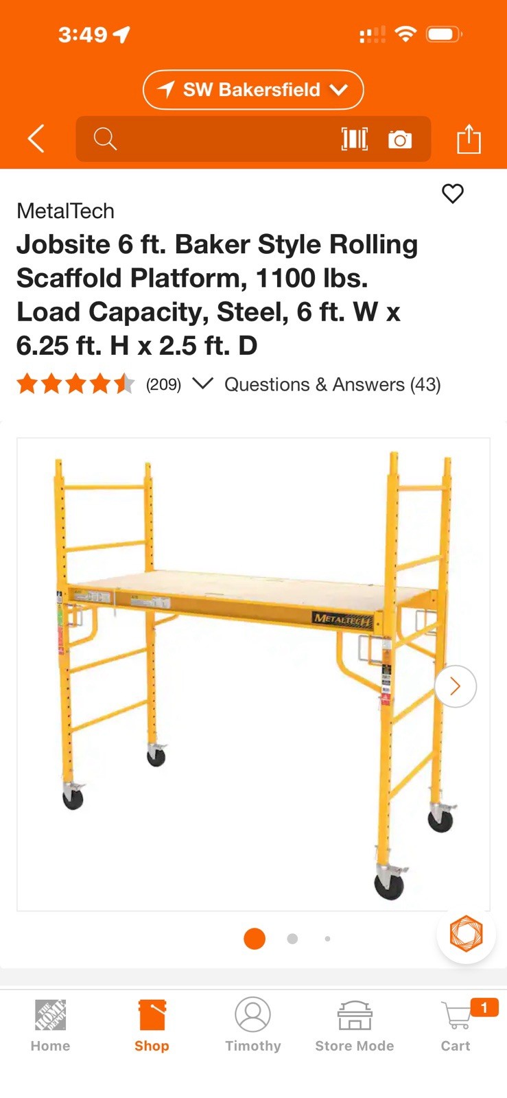 MetalTech Jobsite 6 ft. Baker Style Rolling Scaffold Platform, 1100 Ibs. Load