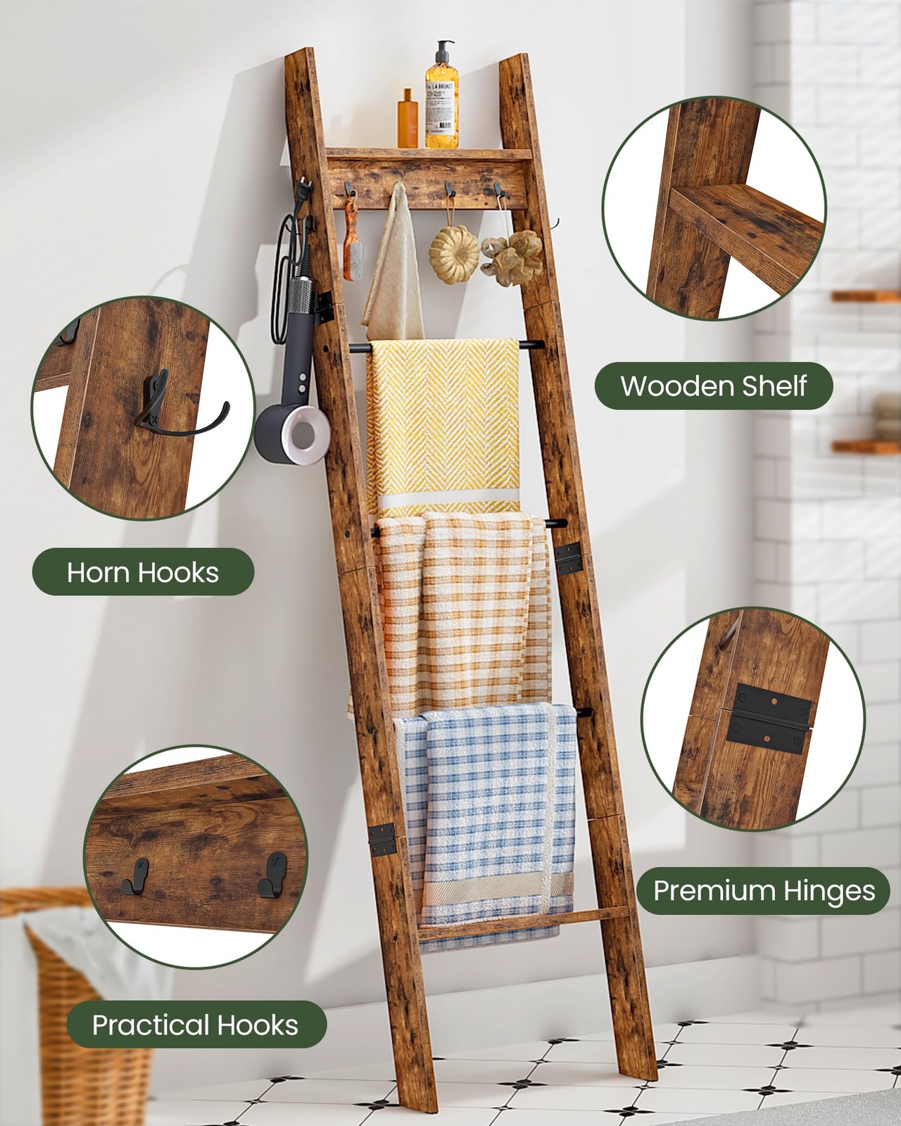 CHOEZON 5-Tier Blanket 16.9″L x 3.1″W x 63.8″H, Rustic Brown and Black
