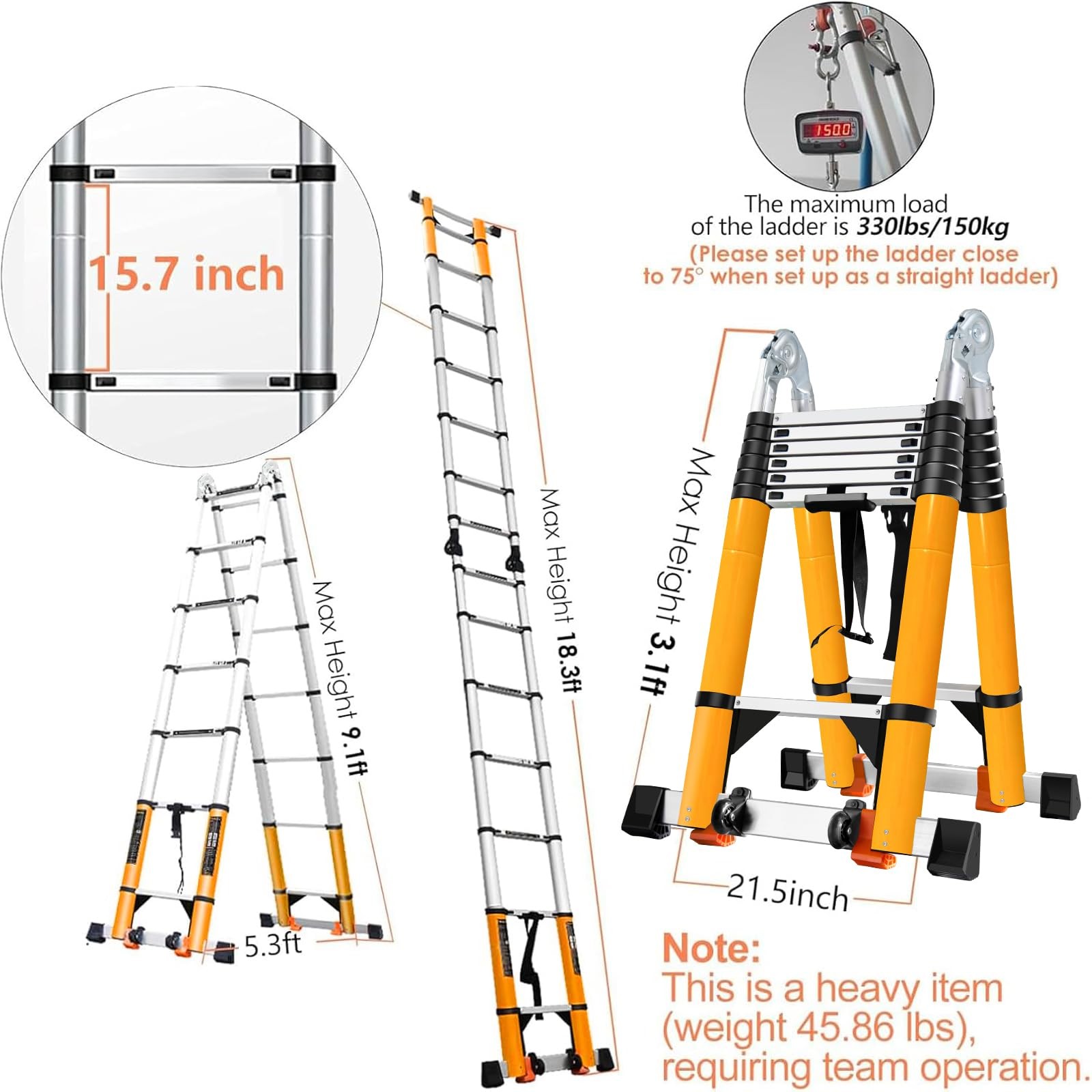 18FT Telescoping Aluminum A-Frame Ladder – EN131 18ft A-frame, Yellow
