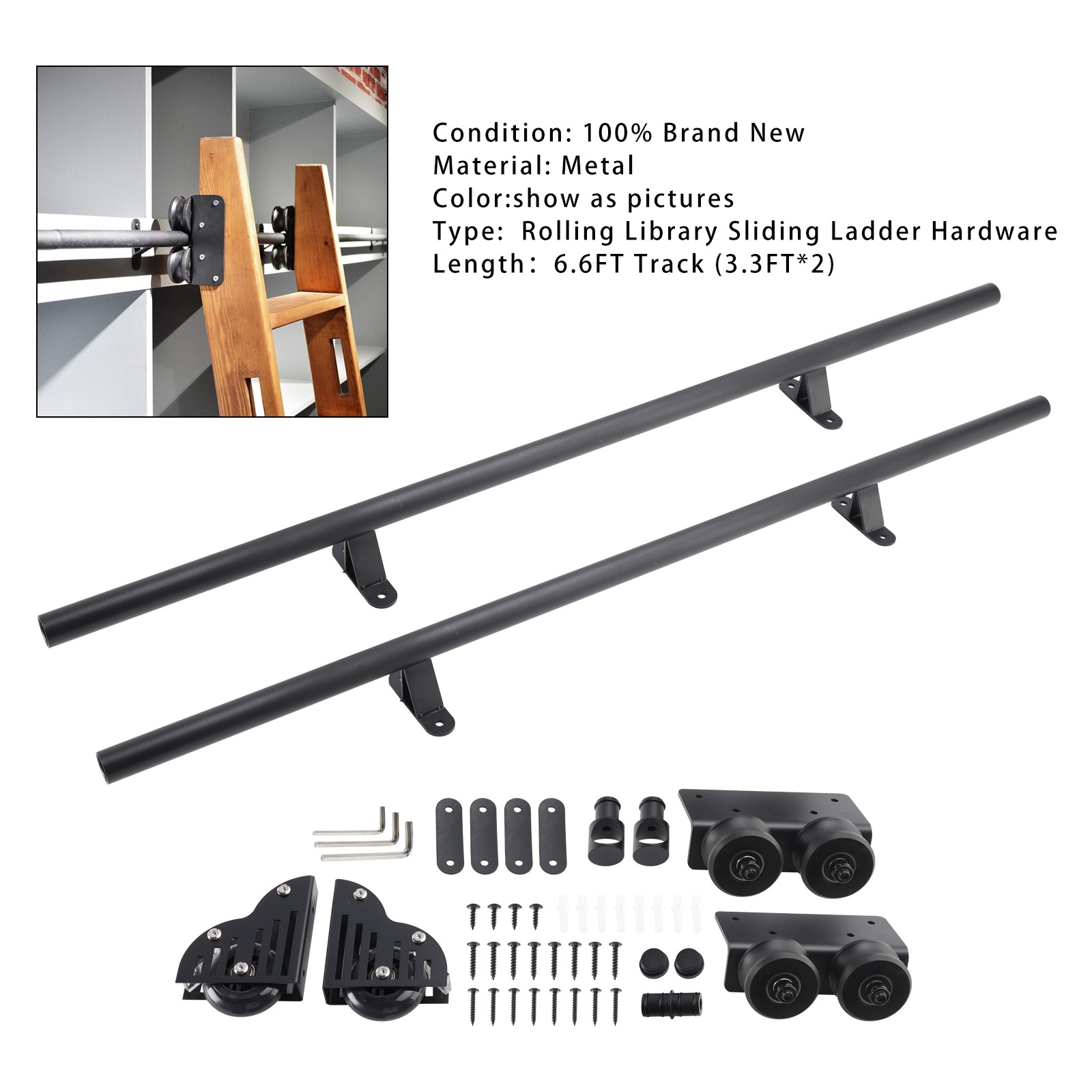 6.6FT Round Tube Rolling Library Sliding Ladder Hardware Kit with Brake B9