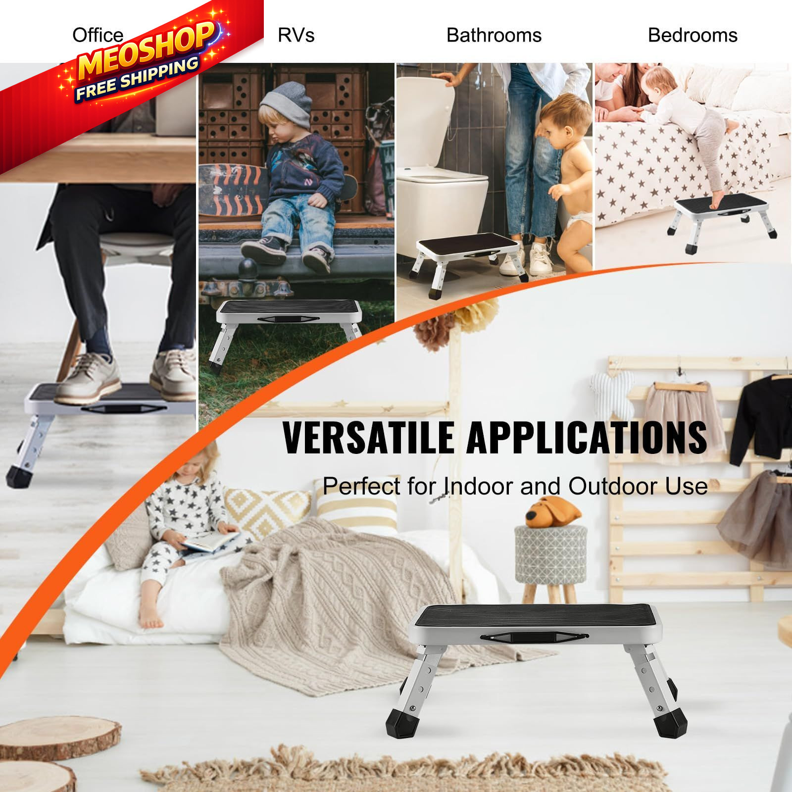 VEVOR 1-Step 330lbs Capacity Folding Steel Step Ladder, 1-Step, White+black