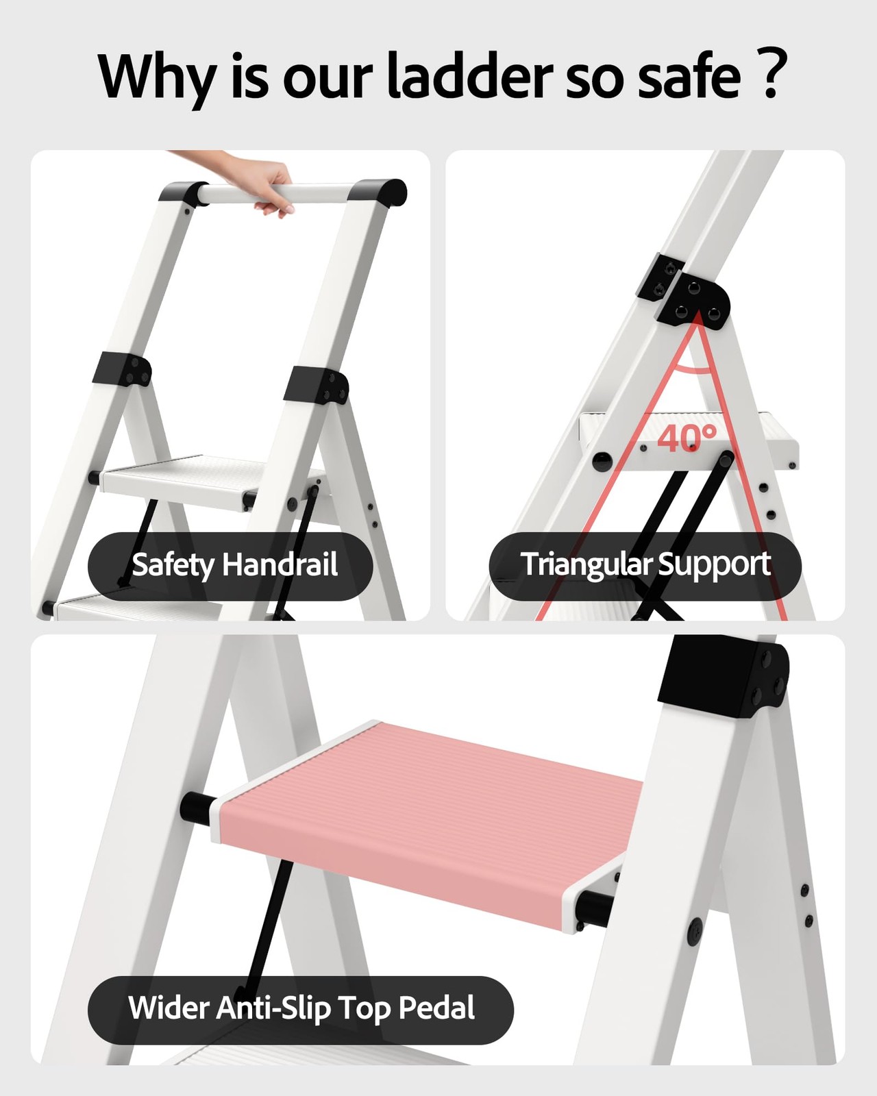 Taranta 3 Step Ladder, Lightweight Aluminum Stool with 3 Step, White