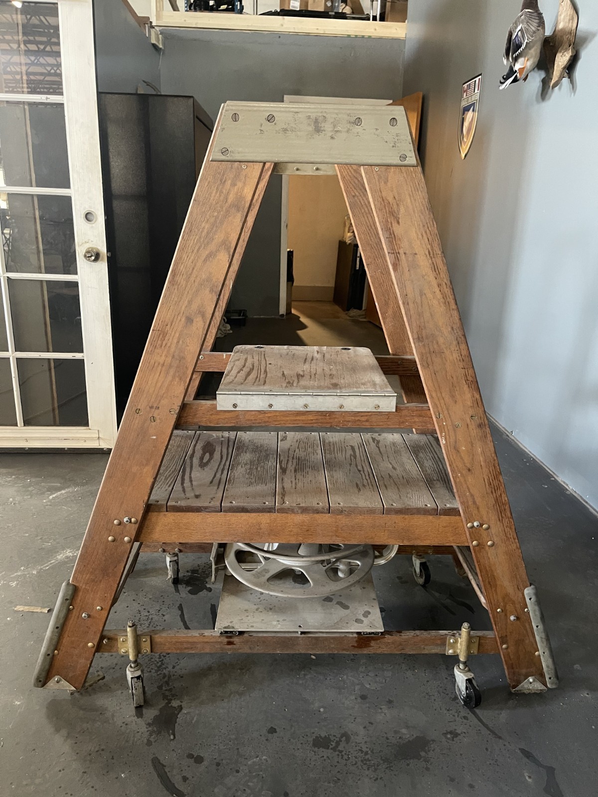 Vintage Putnam Rolling Library Ladder with GMP Wire Reel Assembly