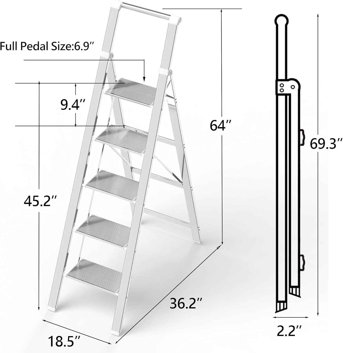 5 Step Ladder, Folding Stool, White Foldable Ladder for 10 5 Step,