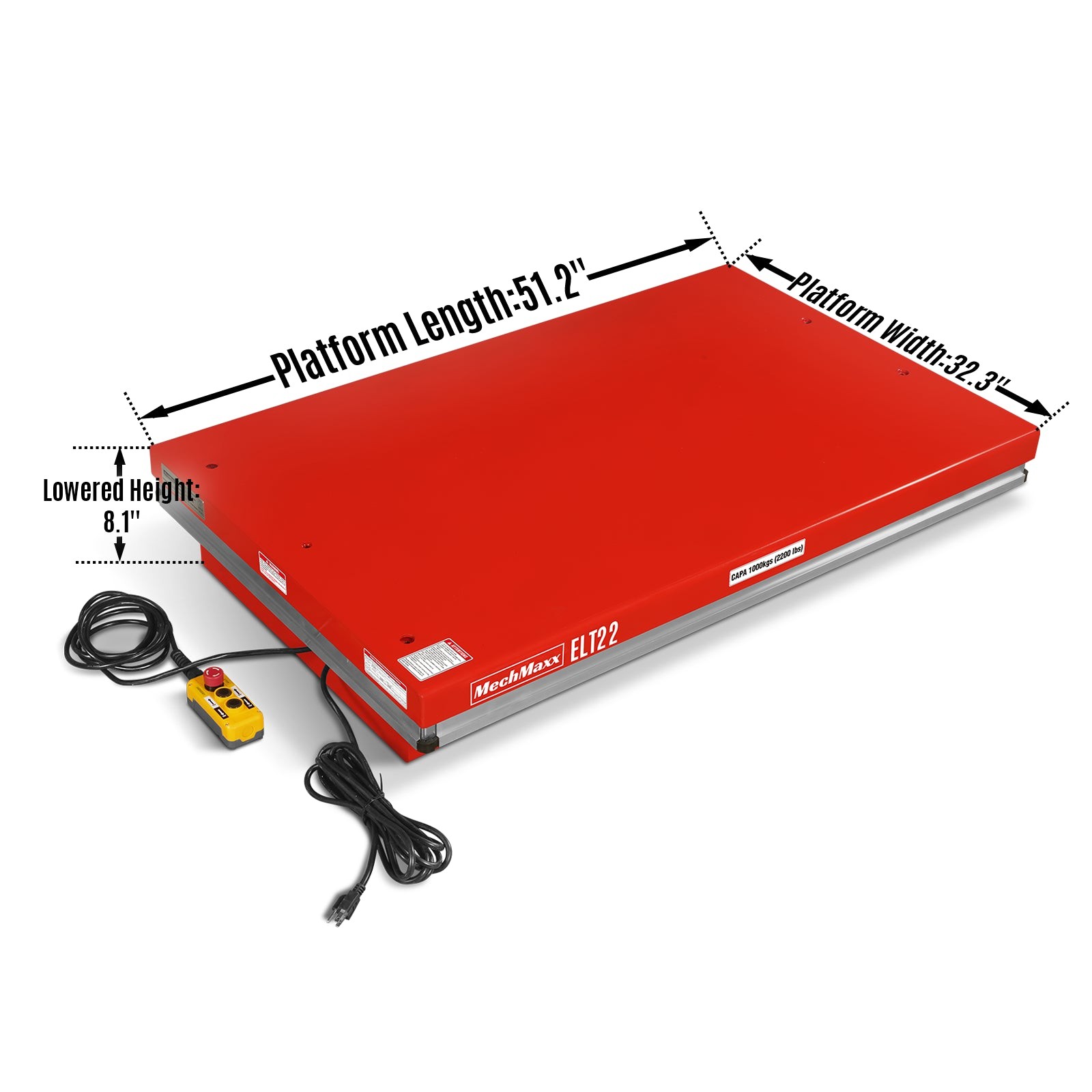 MechMaxx 2200lb Capacity Electric Hydraulic Lift Table 51.2×32.3 Platform,ELT22