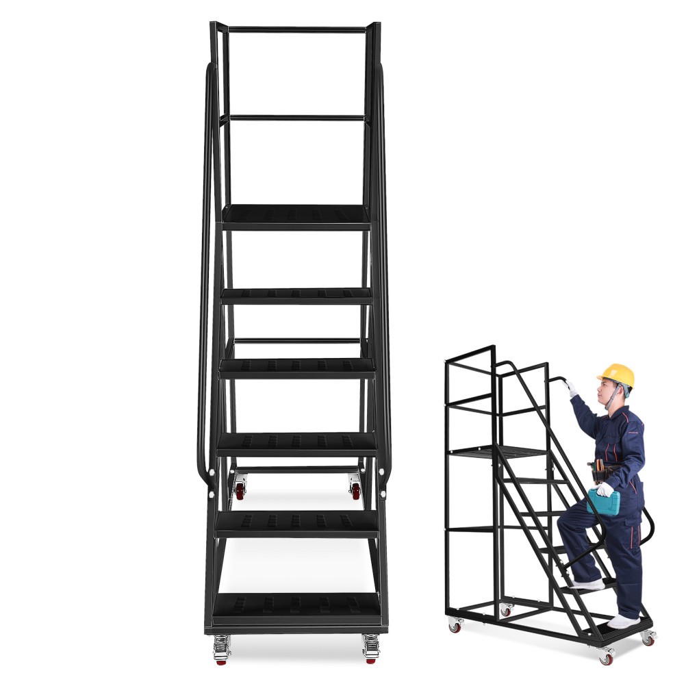 6 Step Rolling Ladder with Wheels 1200LBS Industrial & Warehouse Rolling Stairs