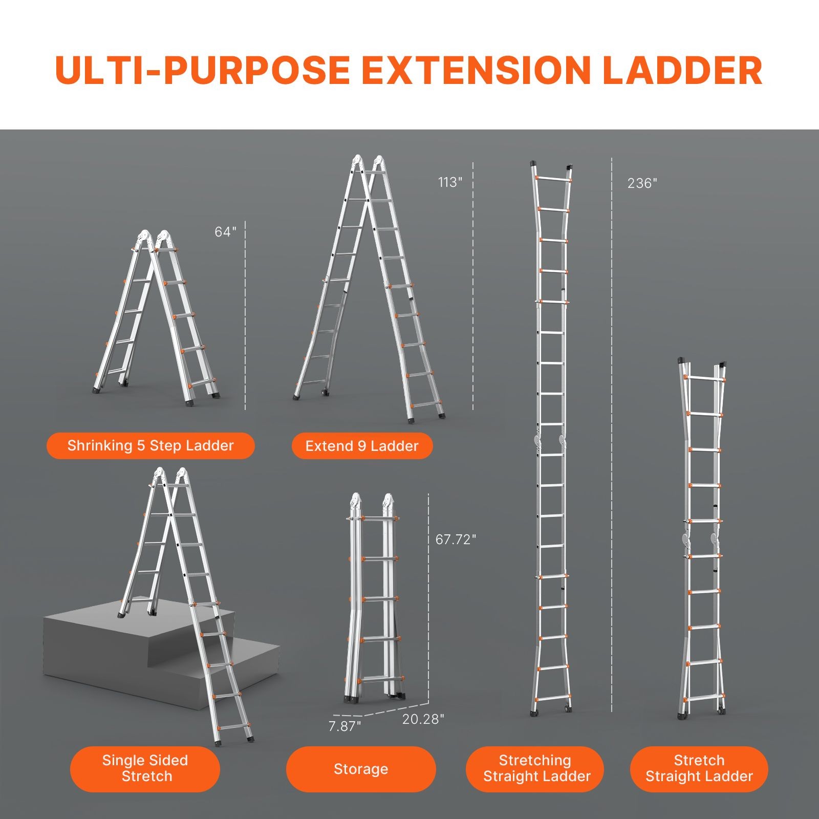 Telescoping Ladder A Frame, 20 FT Compact Aluminum Extension Ladder, Multi