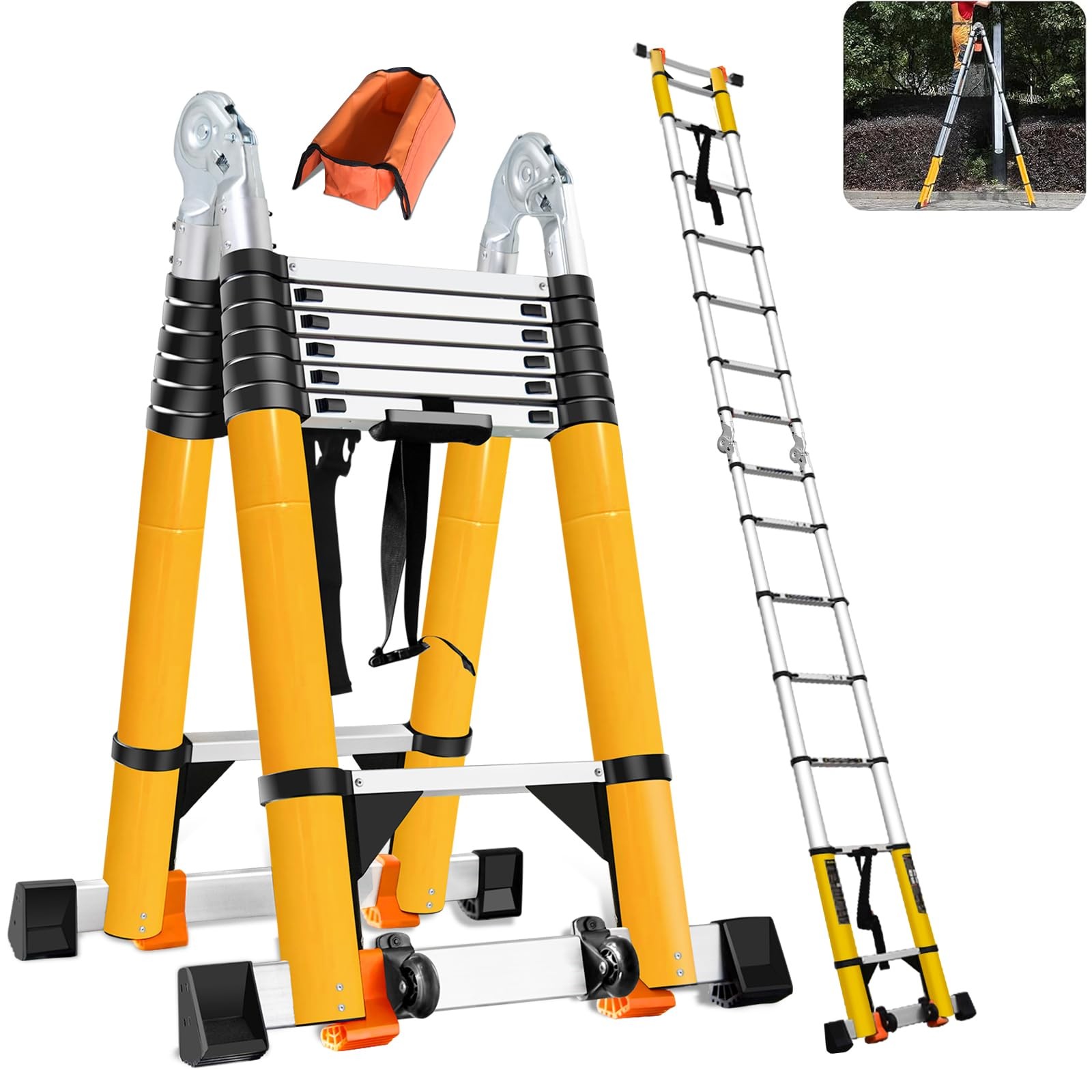 18FT Telescoping Aluminum A-Frame Ladder – EN131 18ft A-frame, Yellow