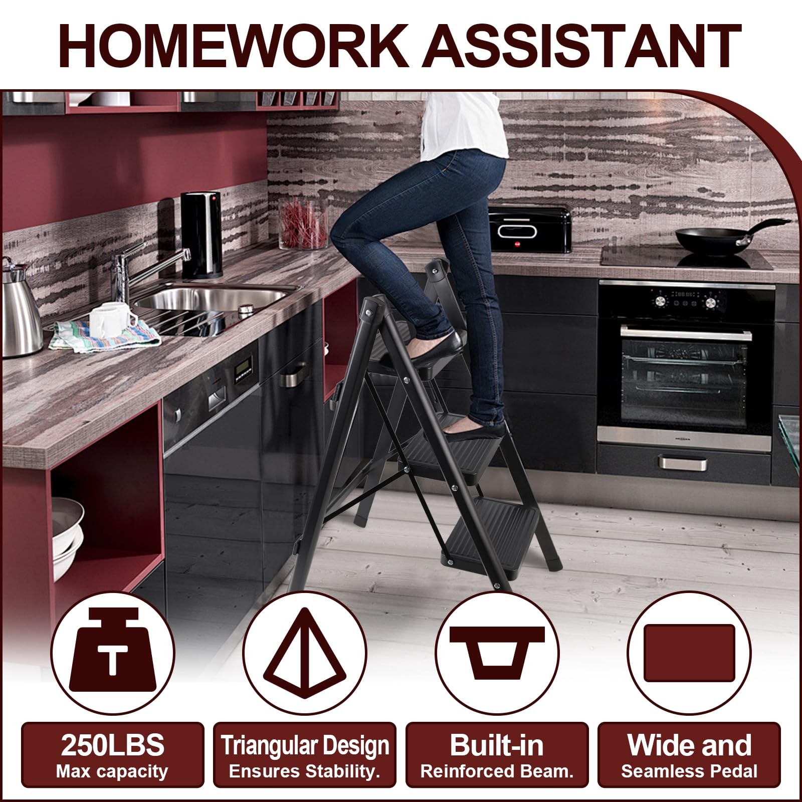 3-Step Ladder, Folding Step Stool for Kitchen/Closet/Garage, 3-Step, Black