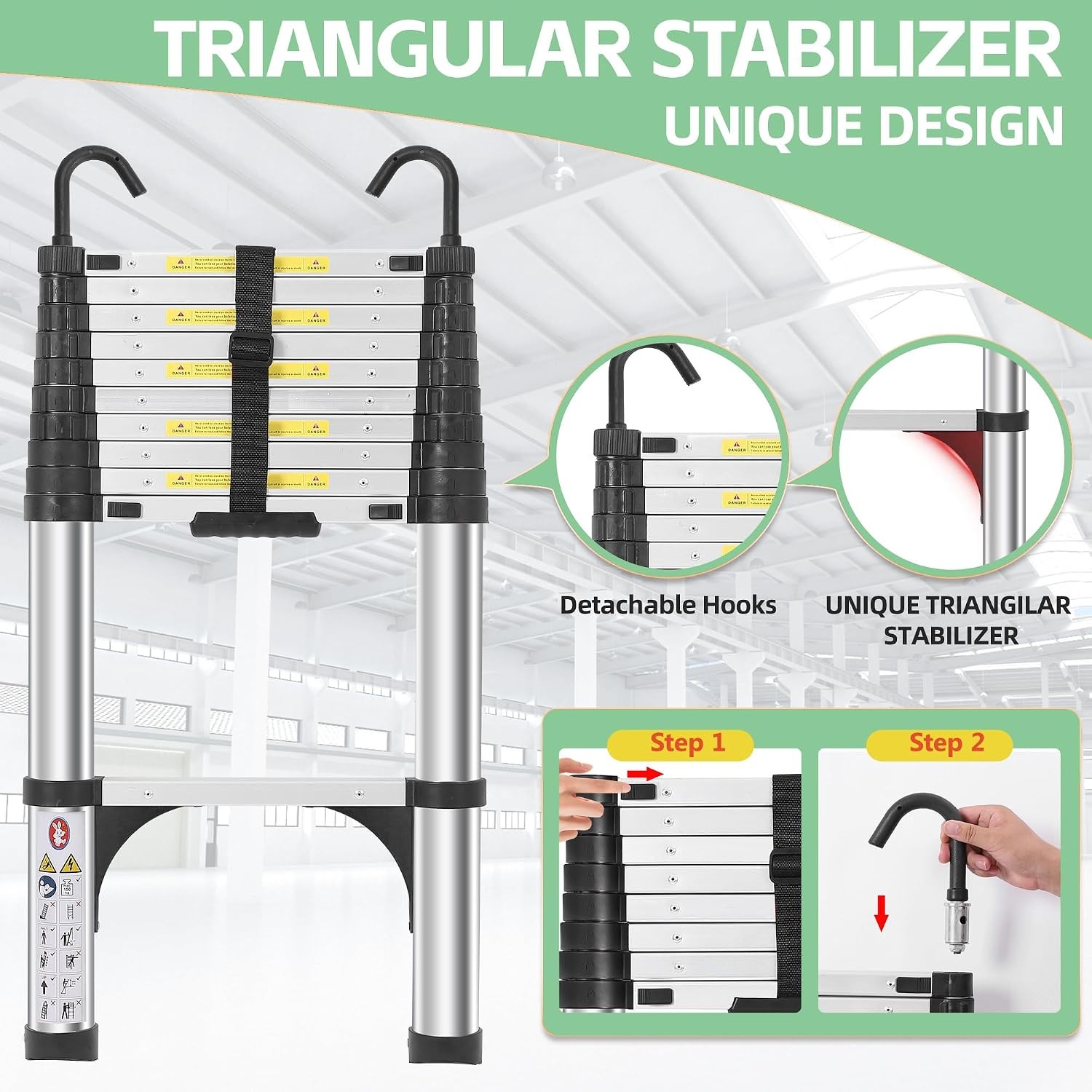 Aluminum 10.5 FT Telescoping Ladder One-Button Retraction with Hooks