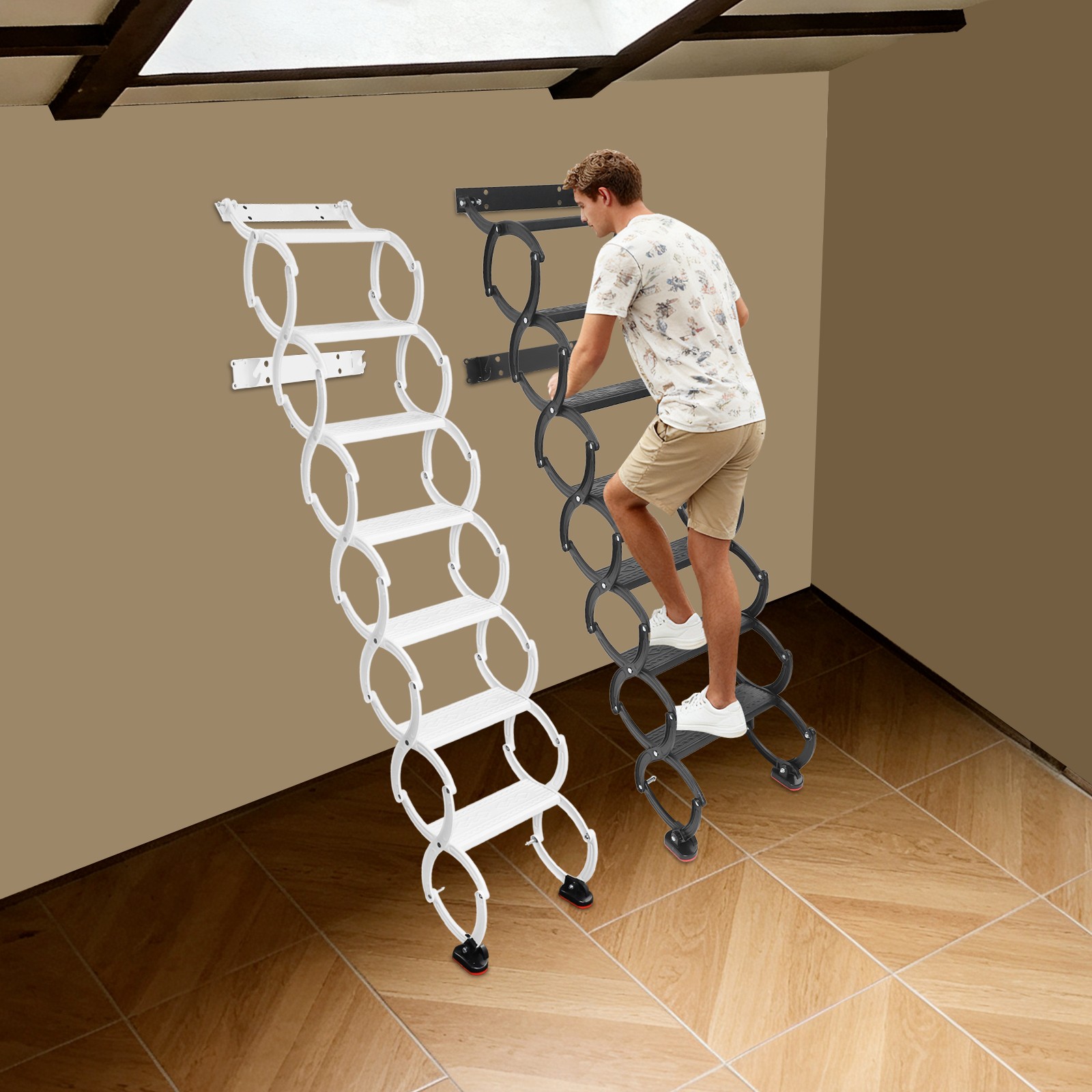 Retractable Folding Stair 7-Steps Wall Mounted Folding Ladder Black/White NEW