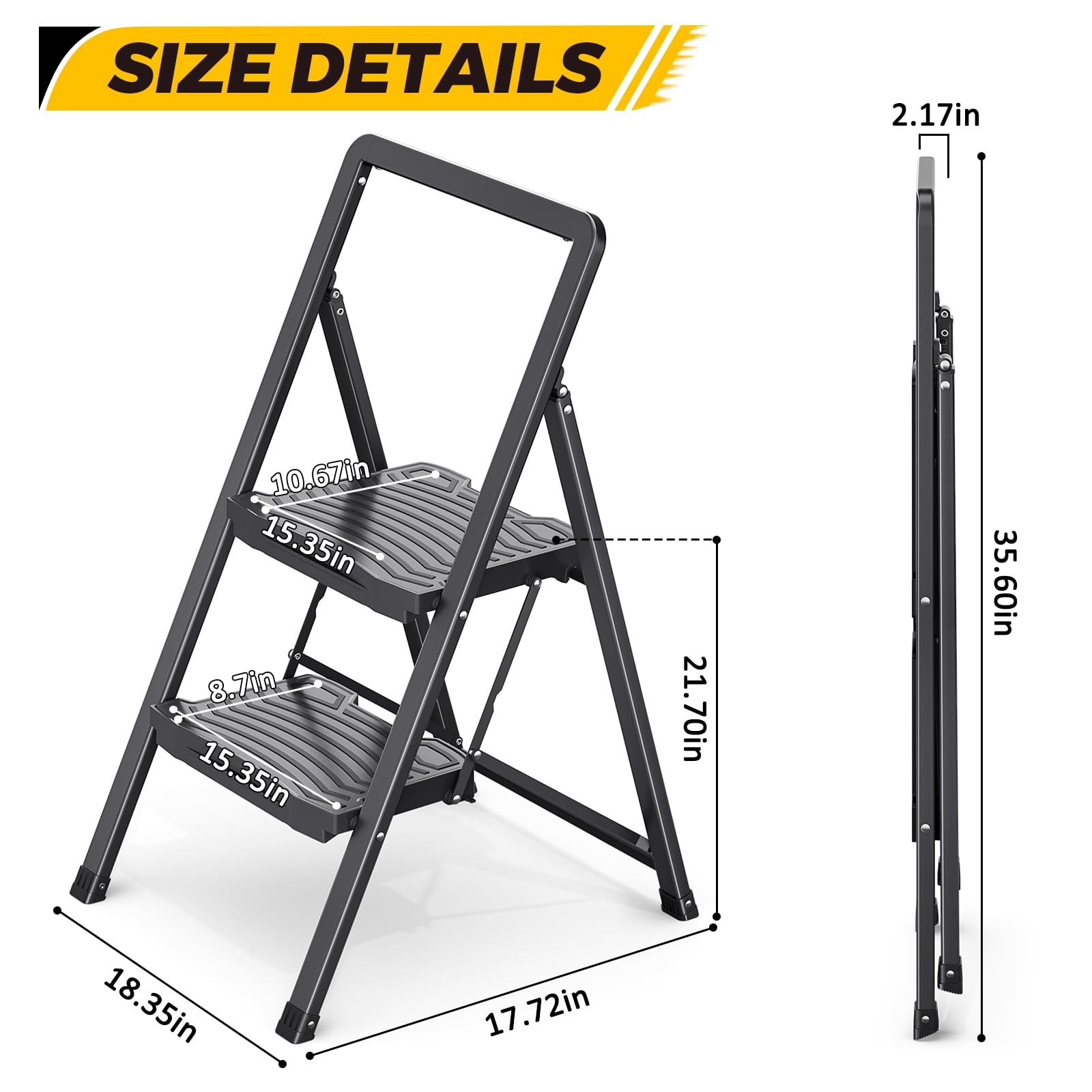 KINGRACK 2 Step Ladder 800lb Capacity, Folding 2 Ladder, Black