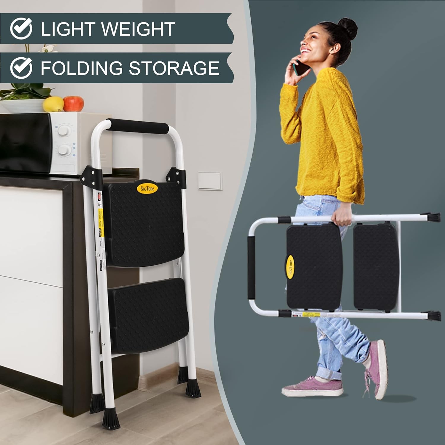 SocTone 2 Step Ladder, Folding Stool for Adults with 2-Step, White