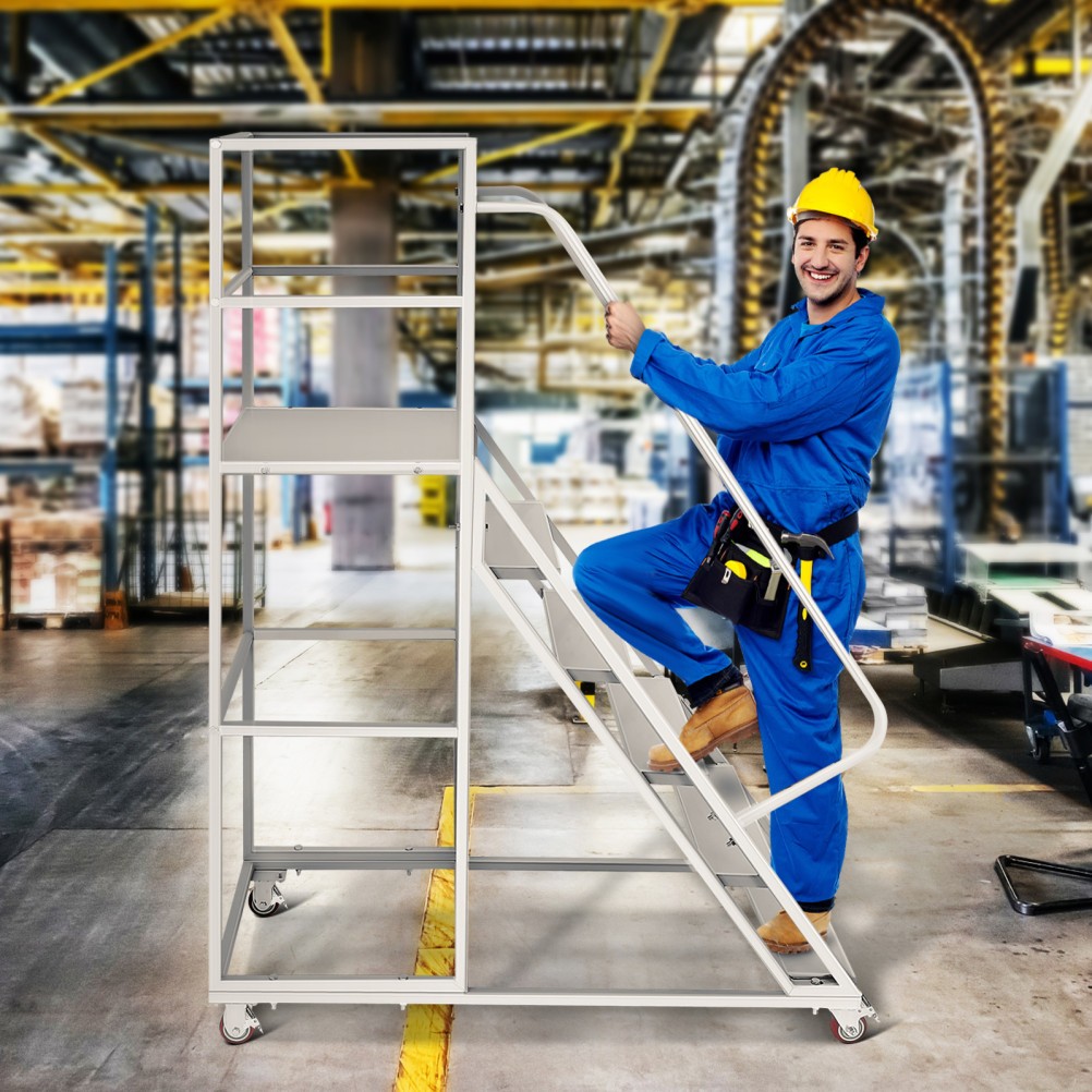 6 Steps 1213lbs Steel Rolling Platform Step Ladder with Safety Guardrail Fence