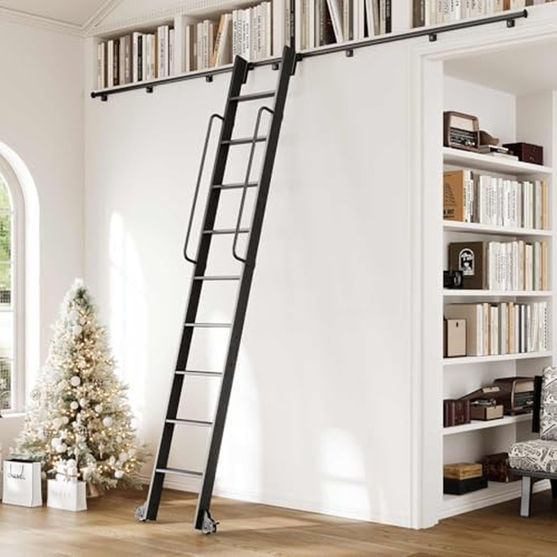 10FT Aluminum Library Ladder with 12FT Hardware Kit, 450Lbs Capacity, Black