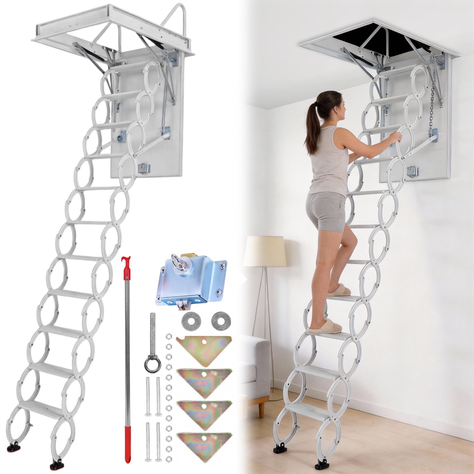 11 Steps Wall Mounted Folding Ladder Loft Stairs White Attic Steps Pull Down US