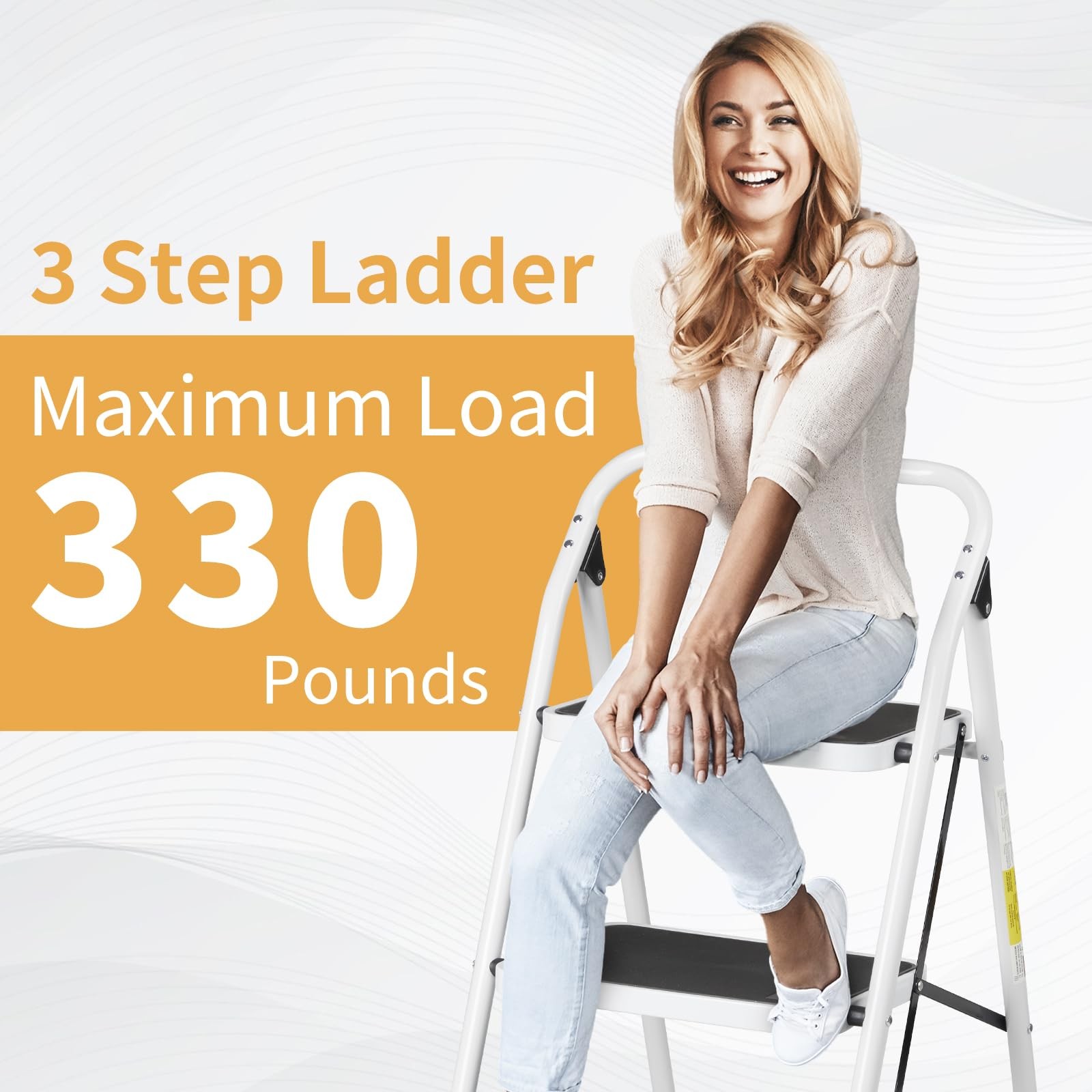 Winado 3 Step Ladder, Folding Stool with Wide Anti-Slip Black & White
