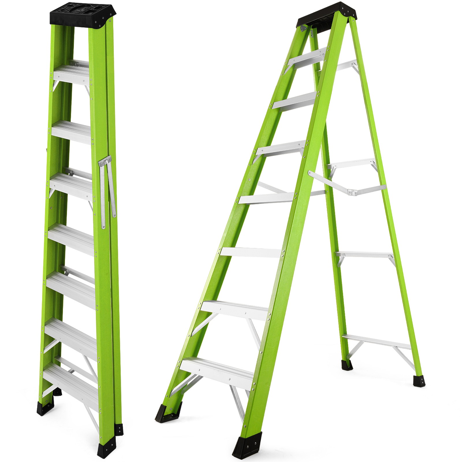 Green 7 Steps Fiberglass Ladder 330LBS Load Tool Tray for Home & Job