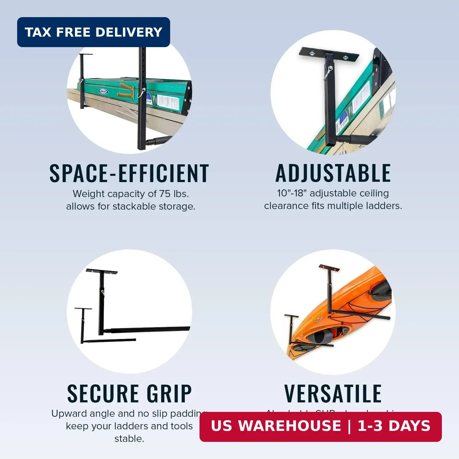 Adjustable Overhead Ladder Rack – Garage Organizer Ladder Shelf for Step & Exten